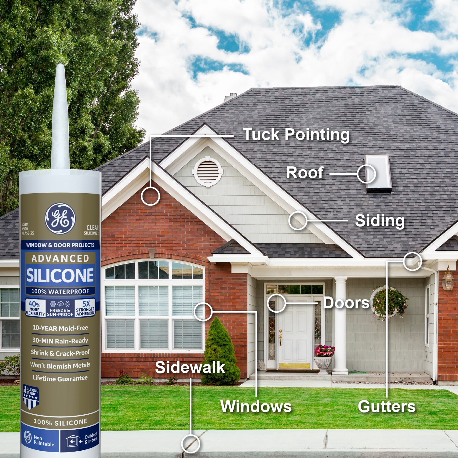 slide 3 of 6, GE Advanced Silicone 2 Windows, Doors, Exteriors 10.1-oz Window and Door Light Gray Silicone Caulk, 1 ct