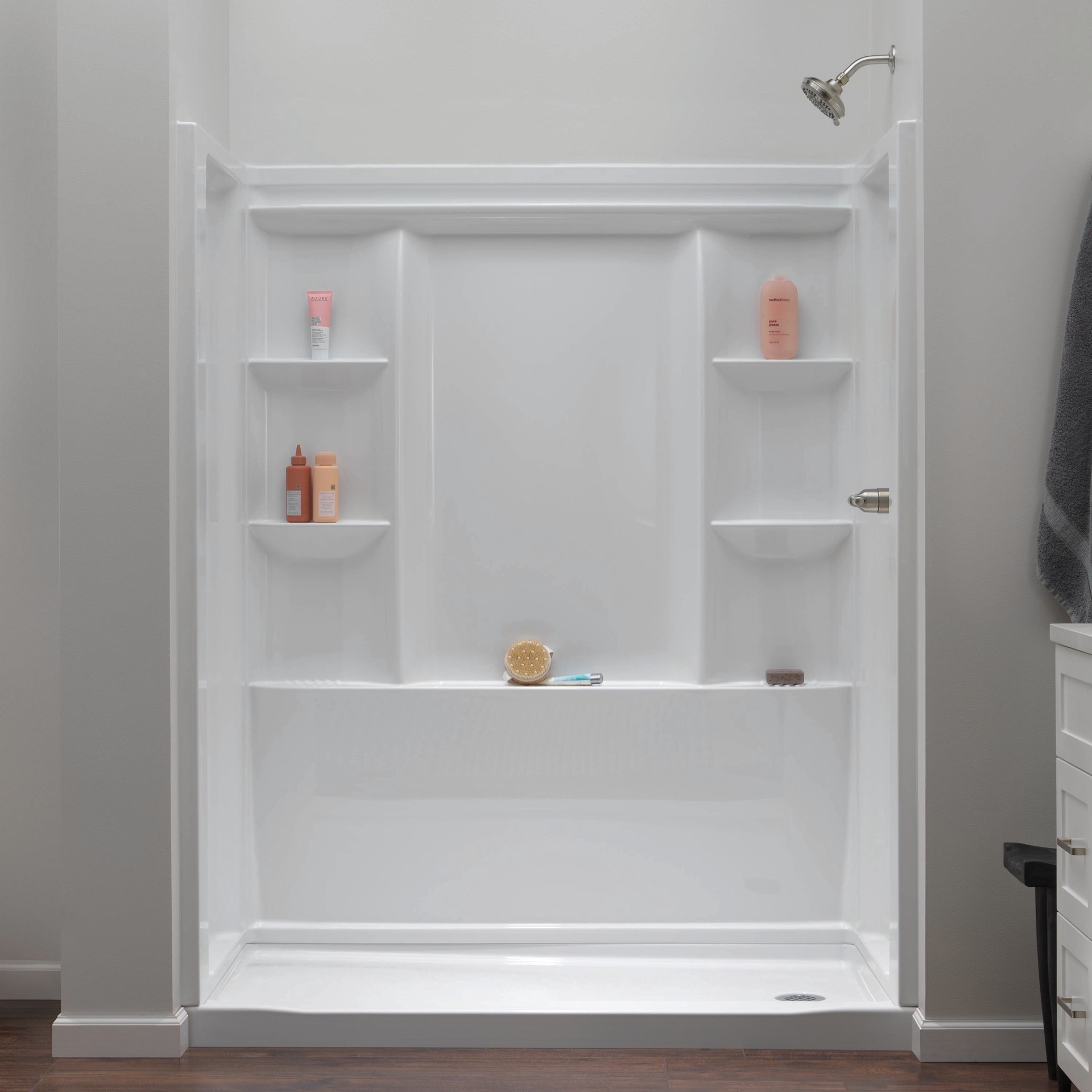 slide 2 of 6, Delta EverEdge 32-in W x 60-in L Right High Gloss White Single Threshold Rectangle Shower Pan Base with 5-in H Threshold, 1 ct