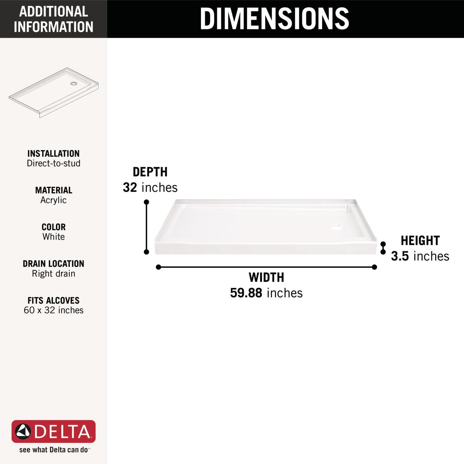 slide 3 of 6, Delta EverEdge 32-in W x 60-in L Right High Gloss White Single Threshold Rectangle Shower Pan Base with 5-in H Threshold, 1 ct