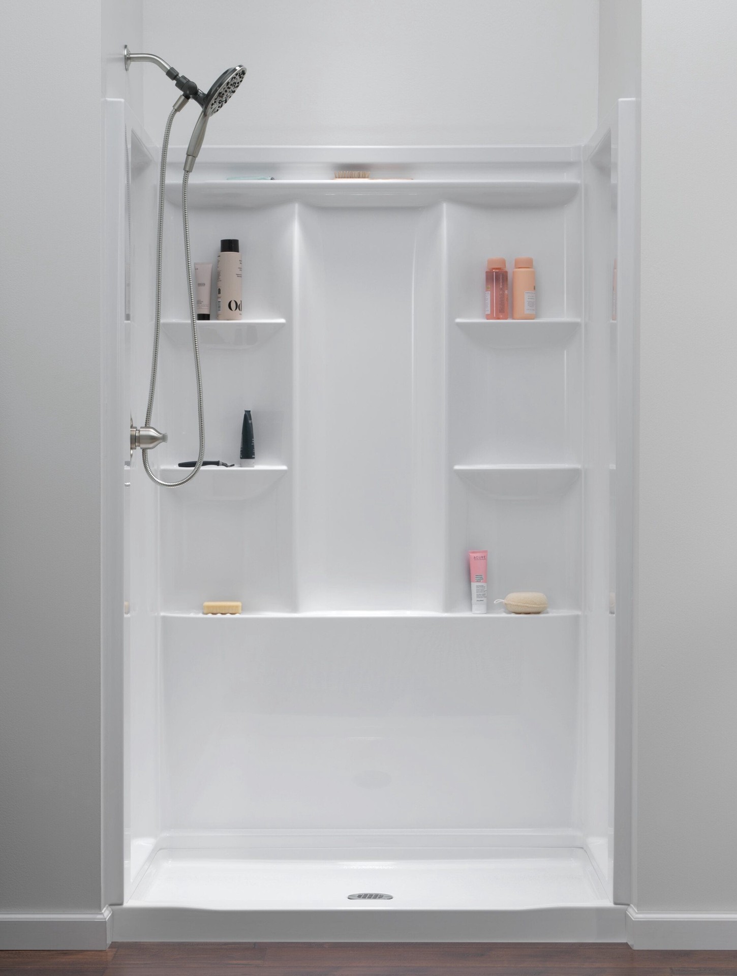 slide 2 of 6, Delta EverEdge 48-in W x 34-in L Center High Gloss White Single Threshold Rectangle Shower Pan Base with 5-in H Threshold, 1 ct