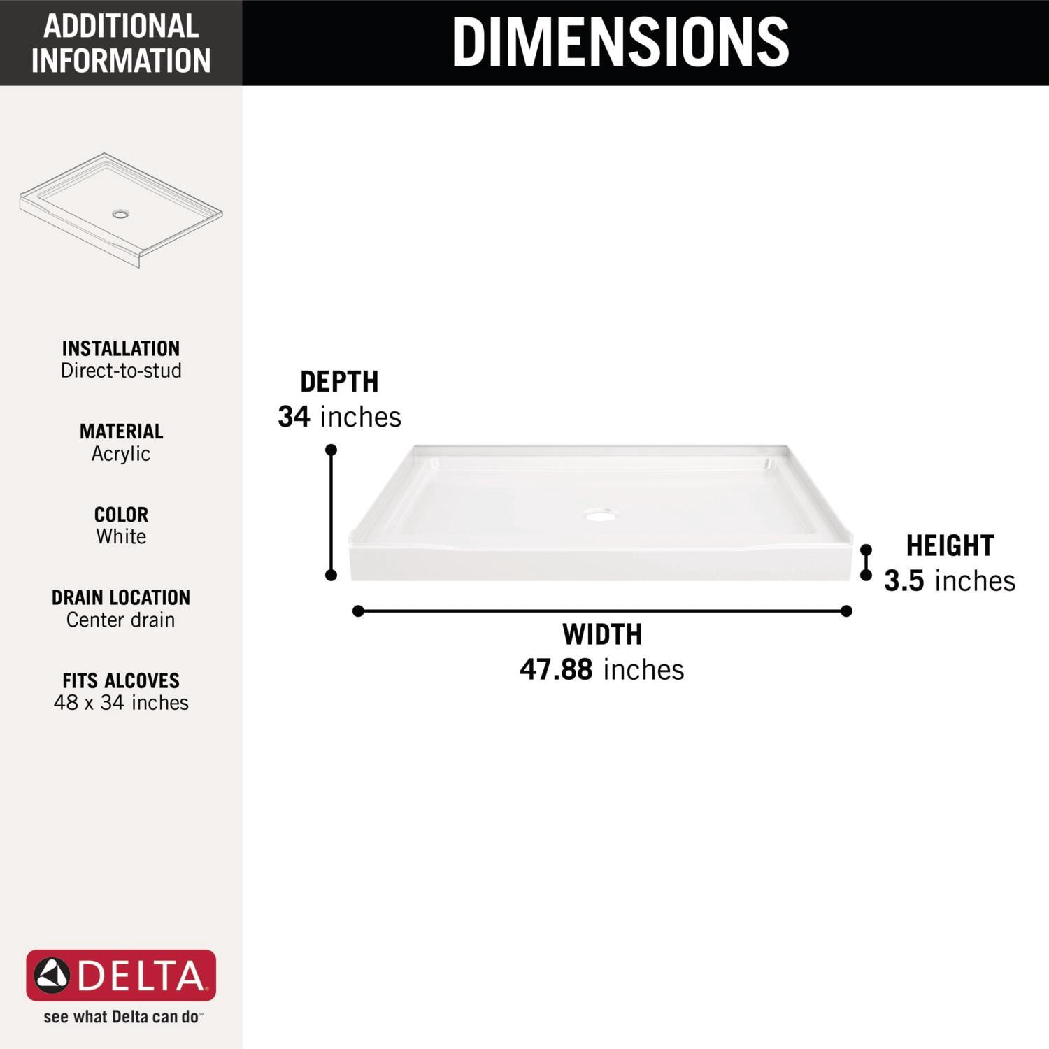 slide 3 of 6, Delta EverEdge 48-in W x 34-in L Center High Gloss White Single Threshold Rectangle Shower Pan Base with 5-in H Threshold, 1 ct