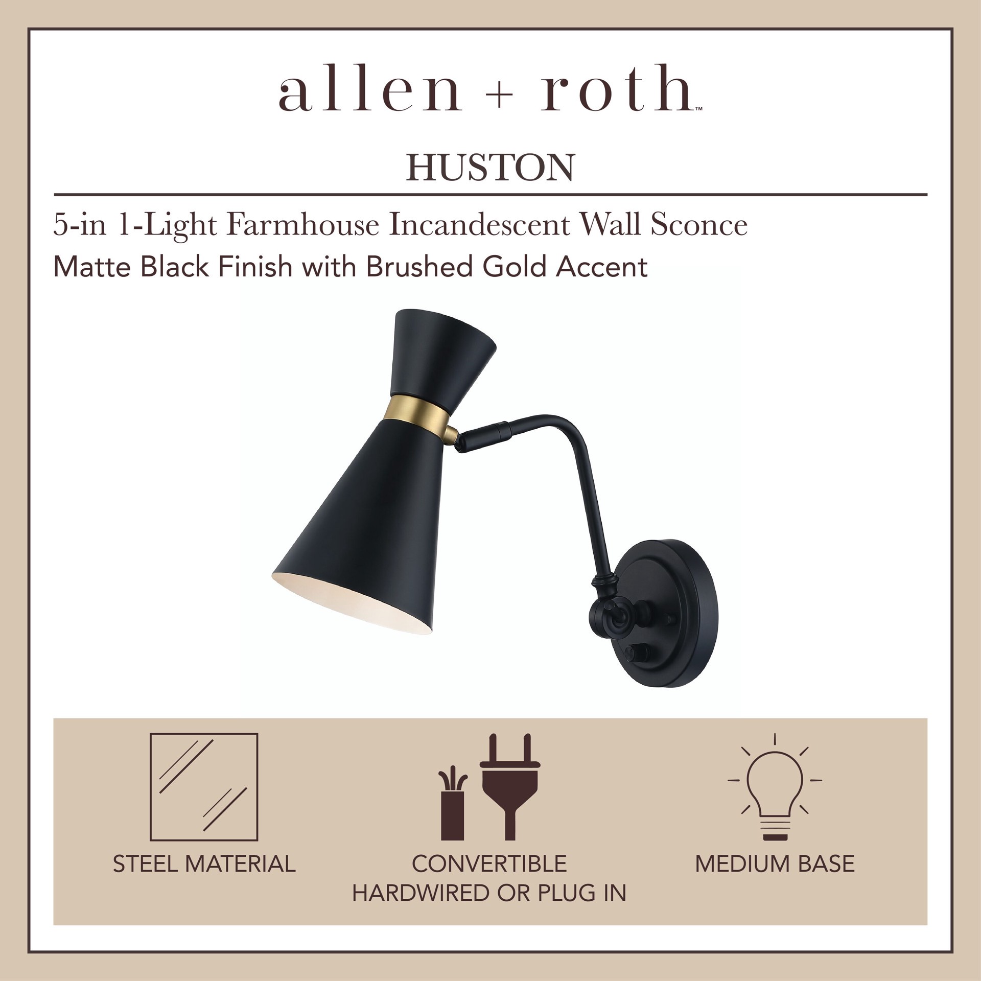 slide 2 of 6, allen + roth Huston 5-in W 1 -Light Matte Black Farmhouse Wall Sconce, 1 ct
