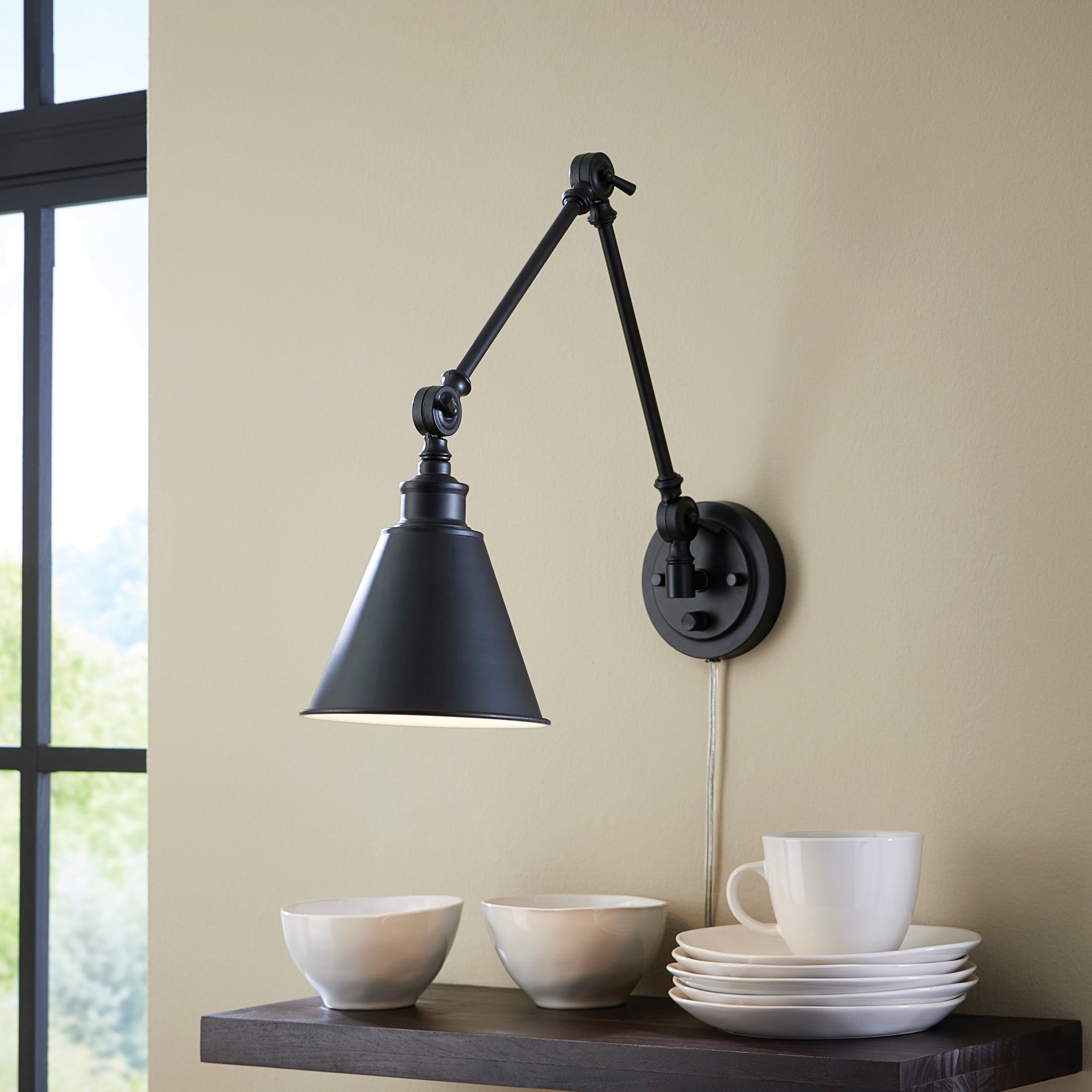 slide 3 of 6, allen + roth Halterman 6.7-in W 1 -Light Matte Black Farmhouse Wall Sconce, 1 ct