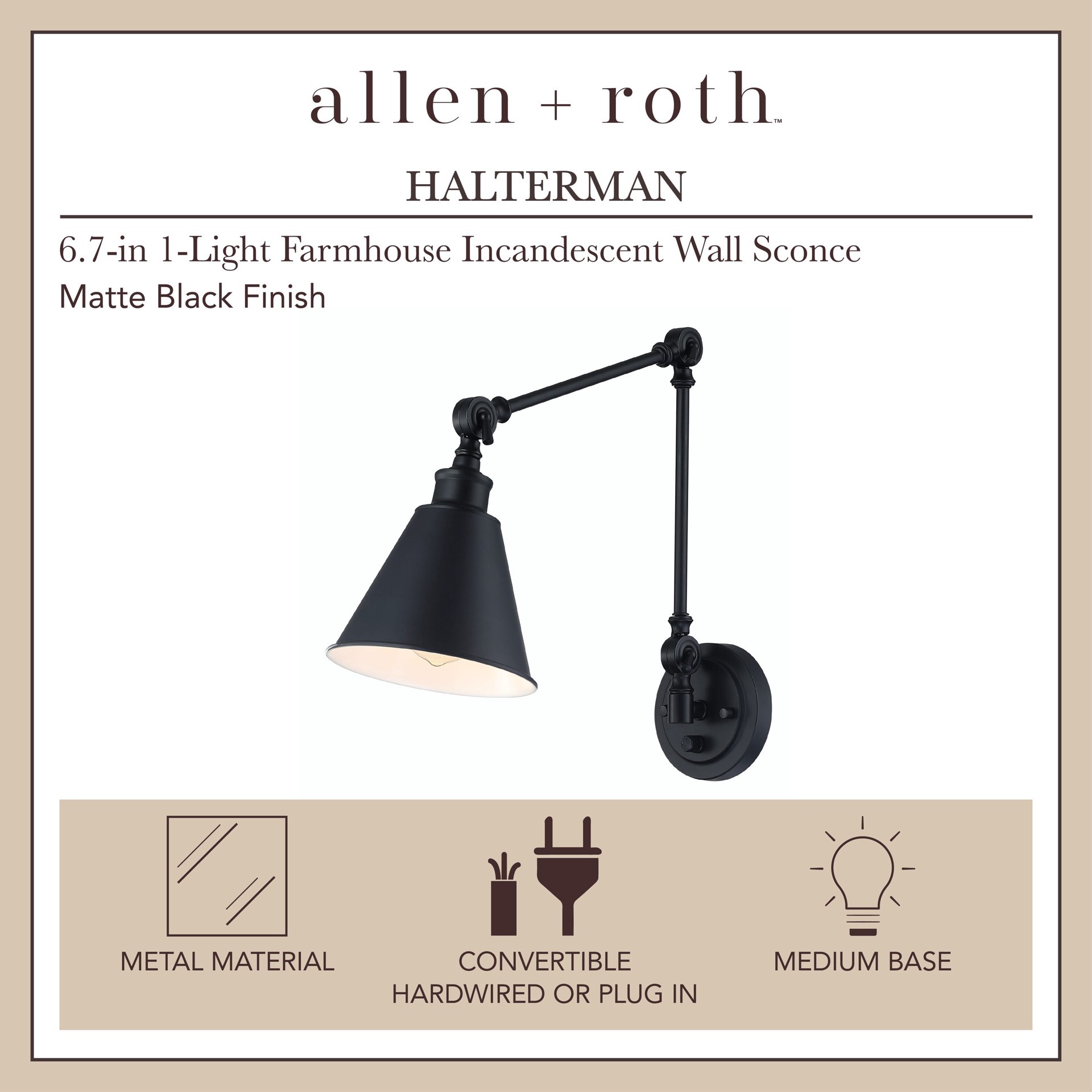 slide 2 of 6, allen + roth Halterman 6.7-in W 1 -Light Matte Black Farmhouse Wall Sconce, 1 ct