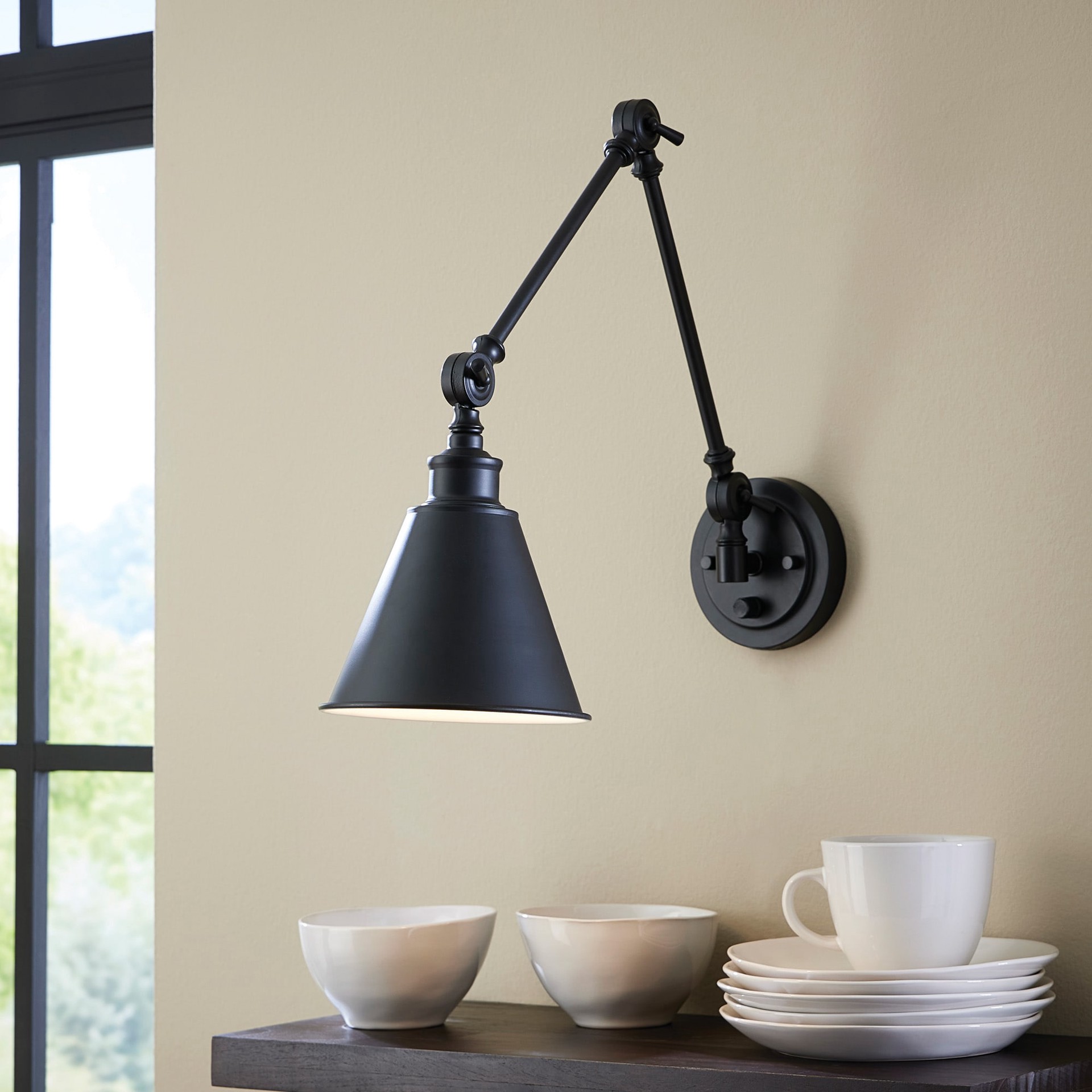 slide 6 of 6, allen + roth Halterman 6.7-in W 1 -Light Matte Black Farmhouse Wall Sconce, 1 ct