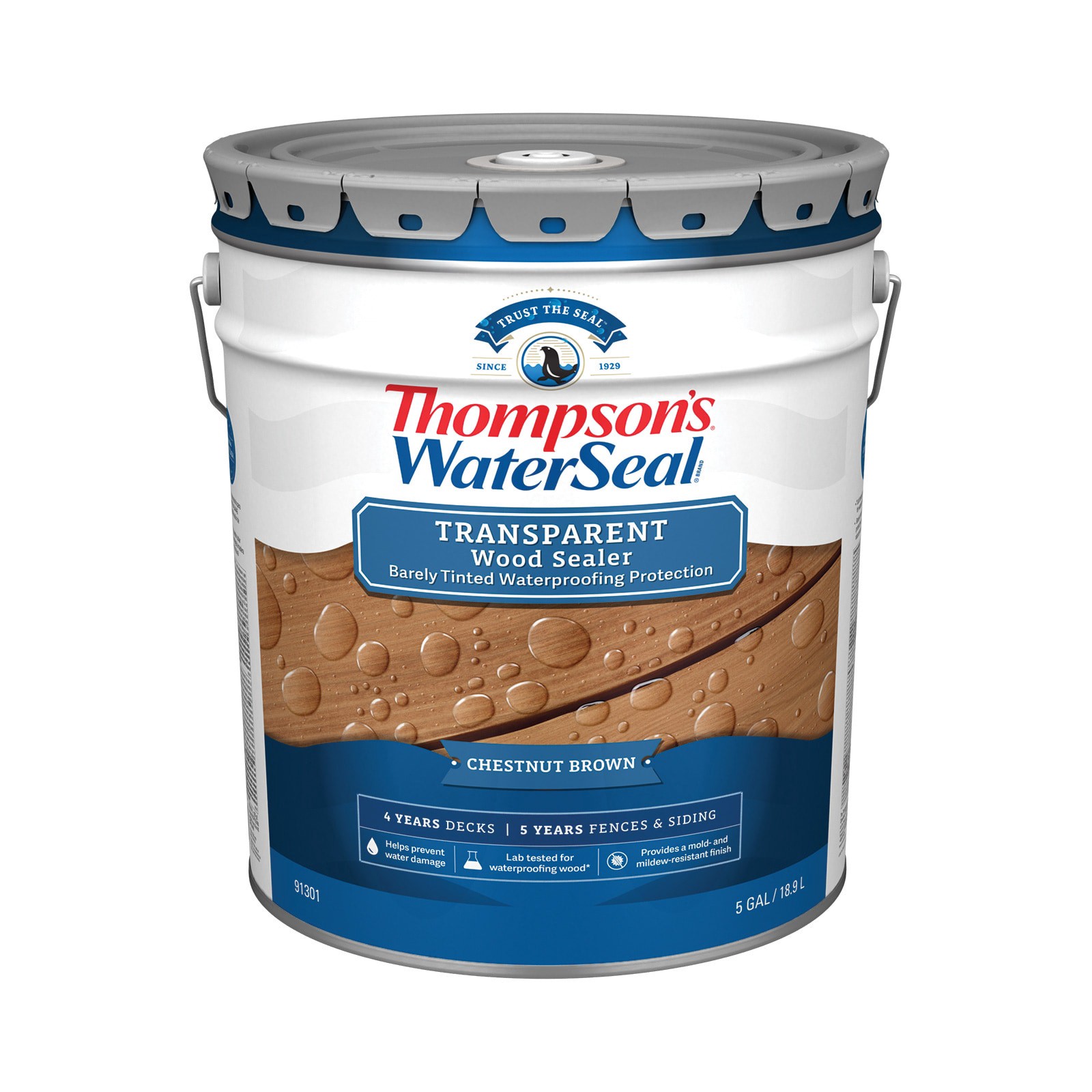 slide 4 of 6, Thompson's WaterSeal Signature Series Pre-Tinted Chestnut Brown Transparent Exterior Wood Stain and Sealer in One ( 5-gallon ), 1 ct