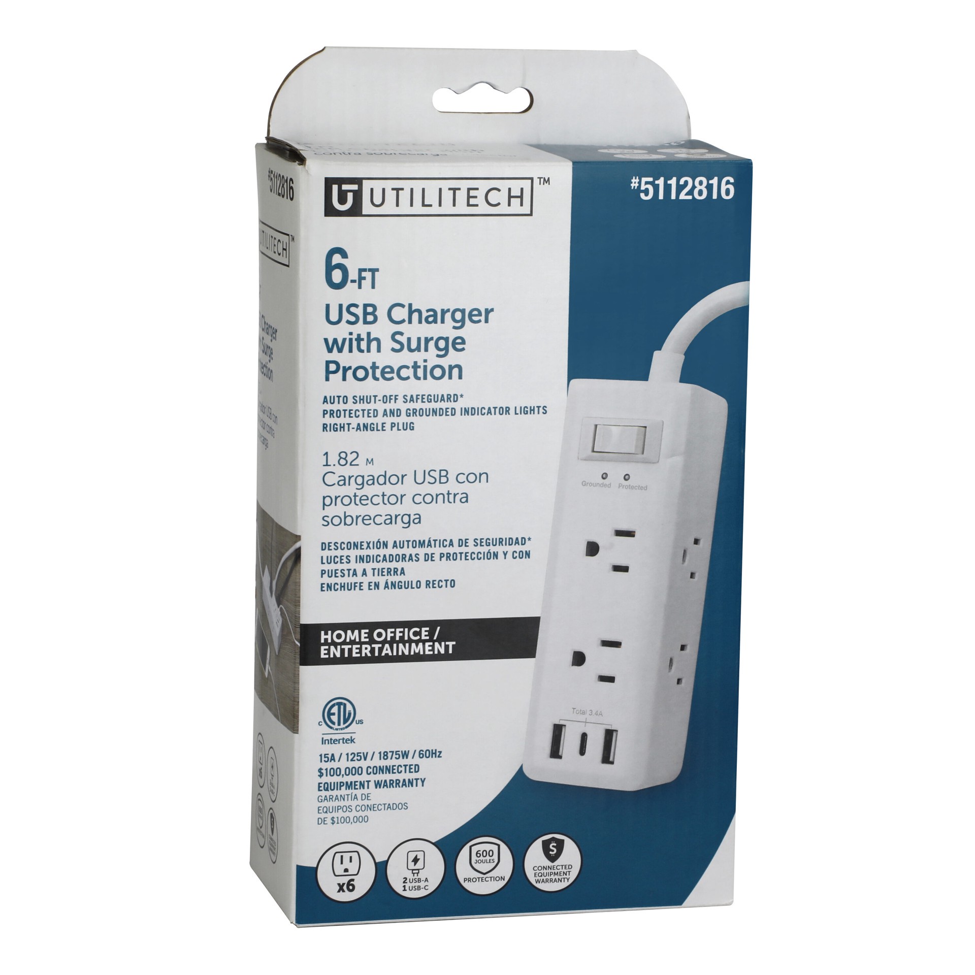 slide 2 of 5, Utilitech 6-ft Indoor 6 -Outlet 600 Joules 600 -Watts 600VA White Indoor USB AC Surge Protector, 1 ct