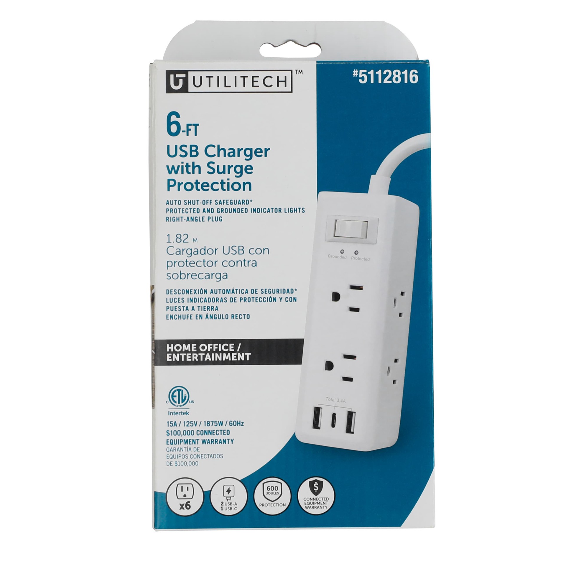 slide 1 of 5, Utilitech 6-ft Indoor 6 -Outlet 600 Joules 600 -Watts 600VA White Indoor USB AC Surge Protector, 1 ct
