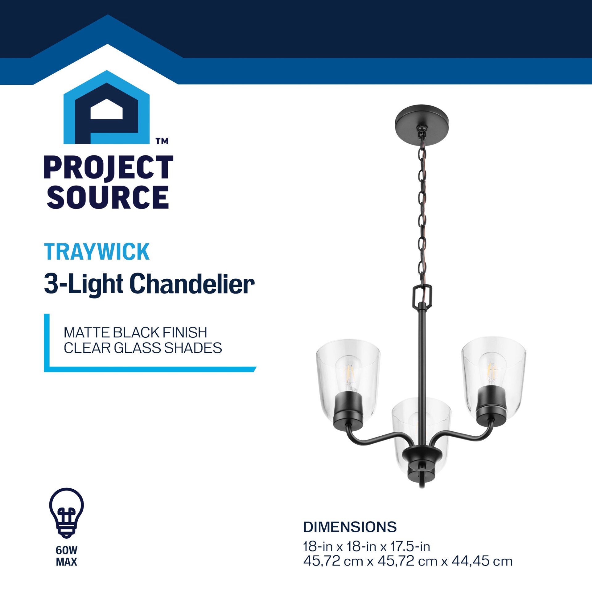 slide 3 of 6, Project Source Traywick 3 -Light Matte Black Transitional For Use in Bedrooms, Dining Rooms, Foyers, Kitchens, Living Rooms Chandelier, 1 ct