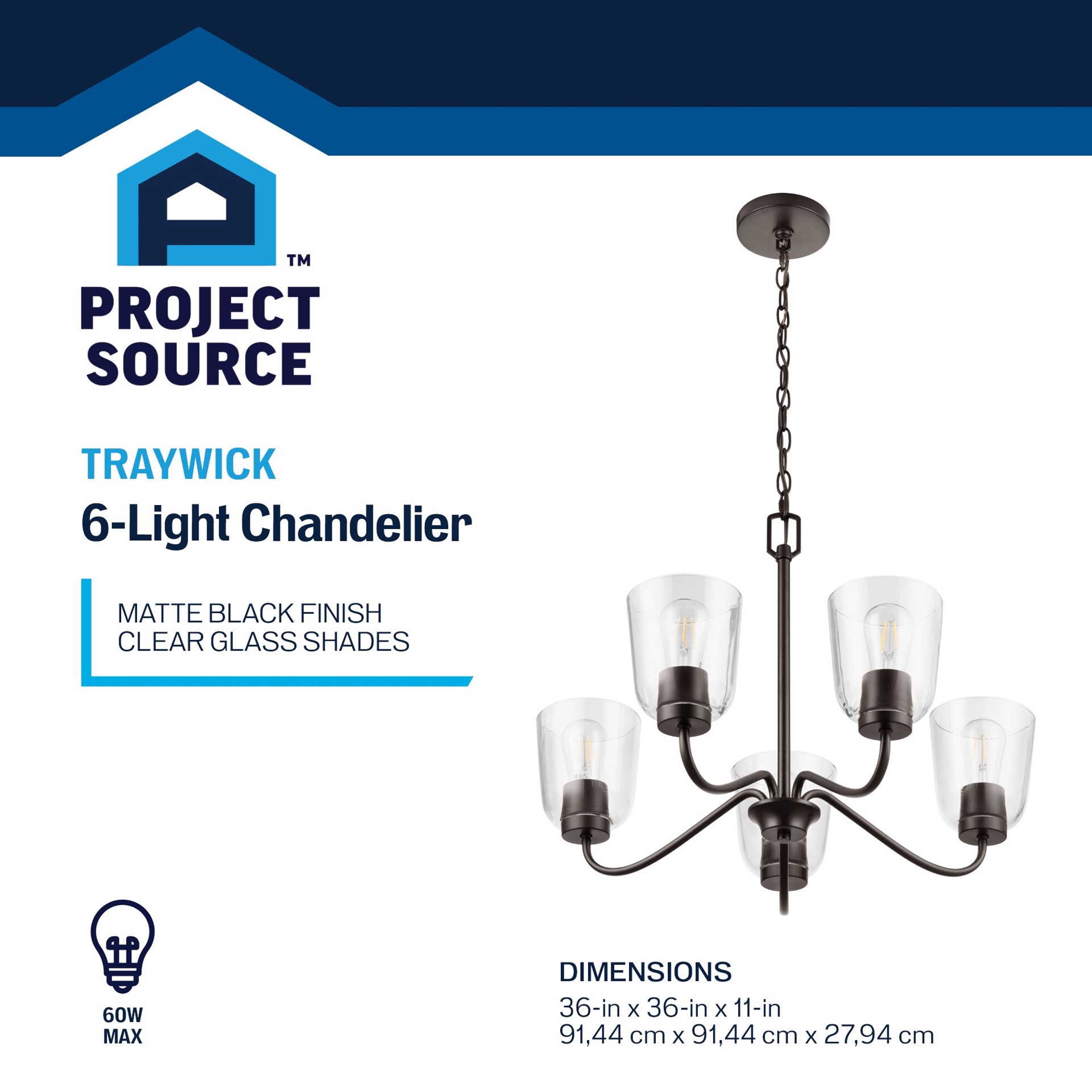 slide 3 of 6, Project Source Traywick 6 -Light Matte Black Transitional For Use in Bedrooms, Dining Rooms, Foyers, Kitchens, Living Rooms Chandelier, 1 ct