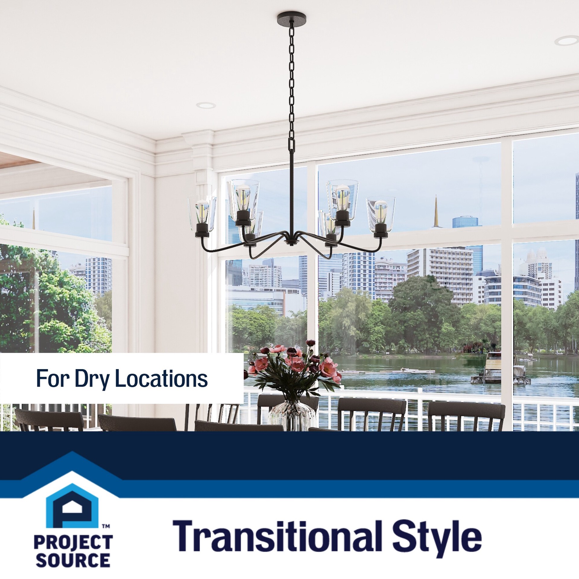 slide 6 of 6, Project Source Traywick 6 -Light Matte Black Transitional For Use in Bedrooms, Dining Rooms, Foyers, Kitchens, Living Rooms Chandelier, 1 ct