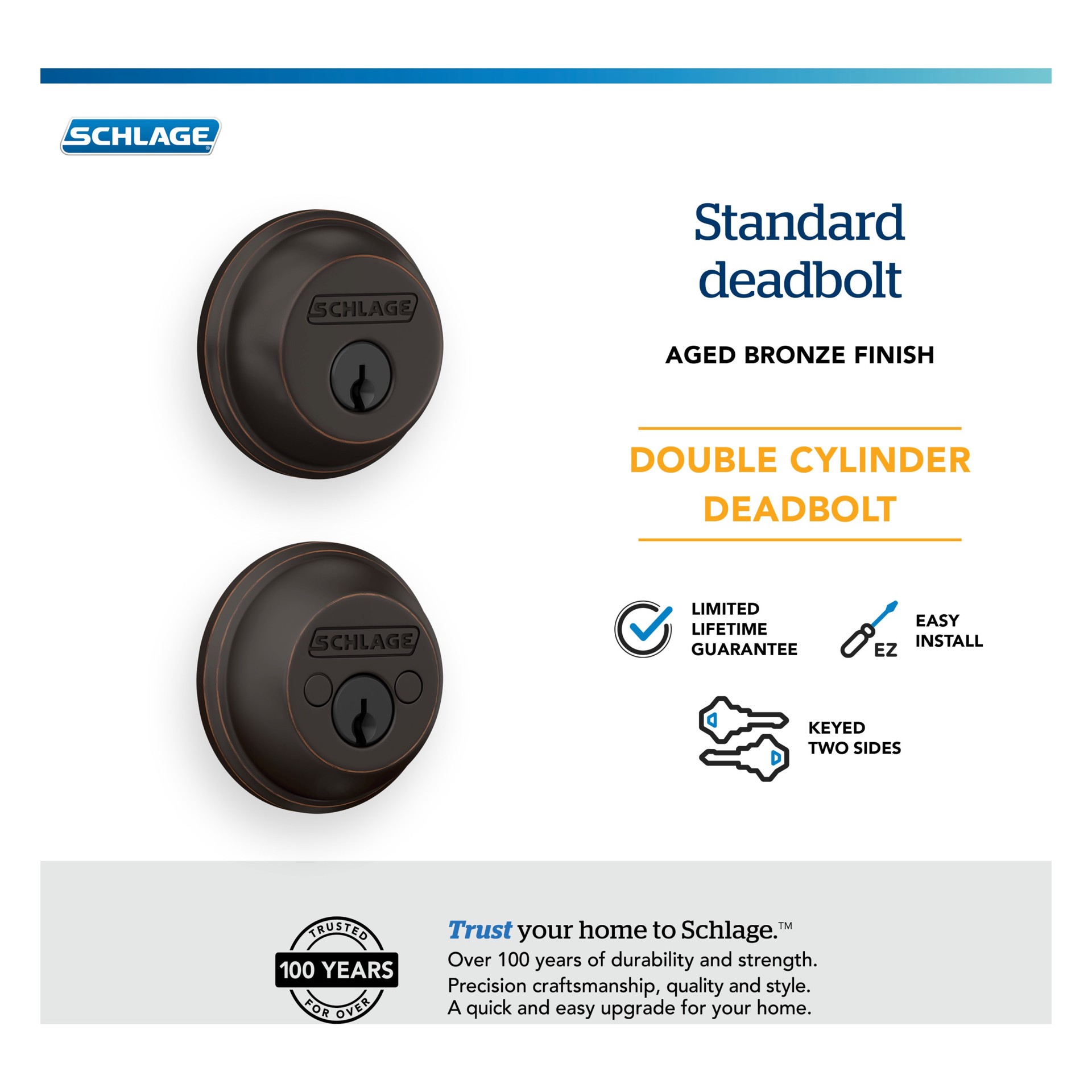 slide 4 of 6, Schlage Aged Bronze Double Cylinder Deadbolt, 1 ct