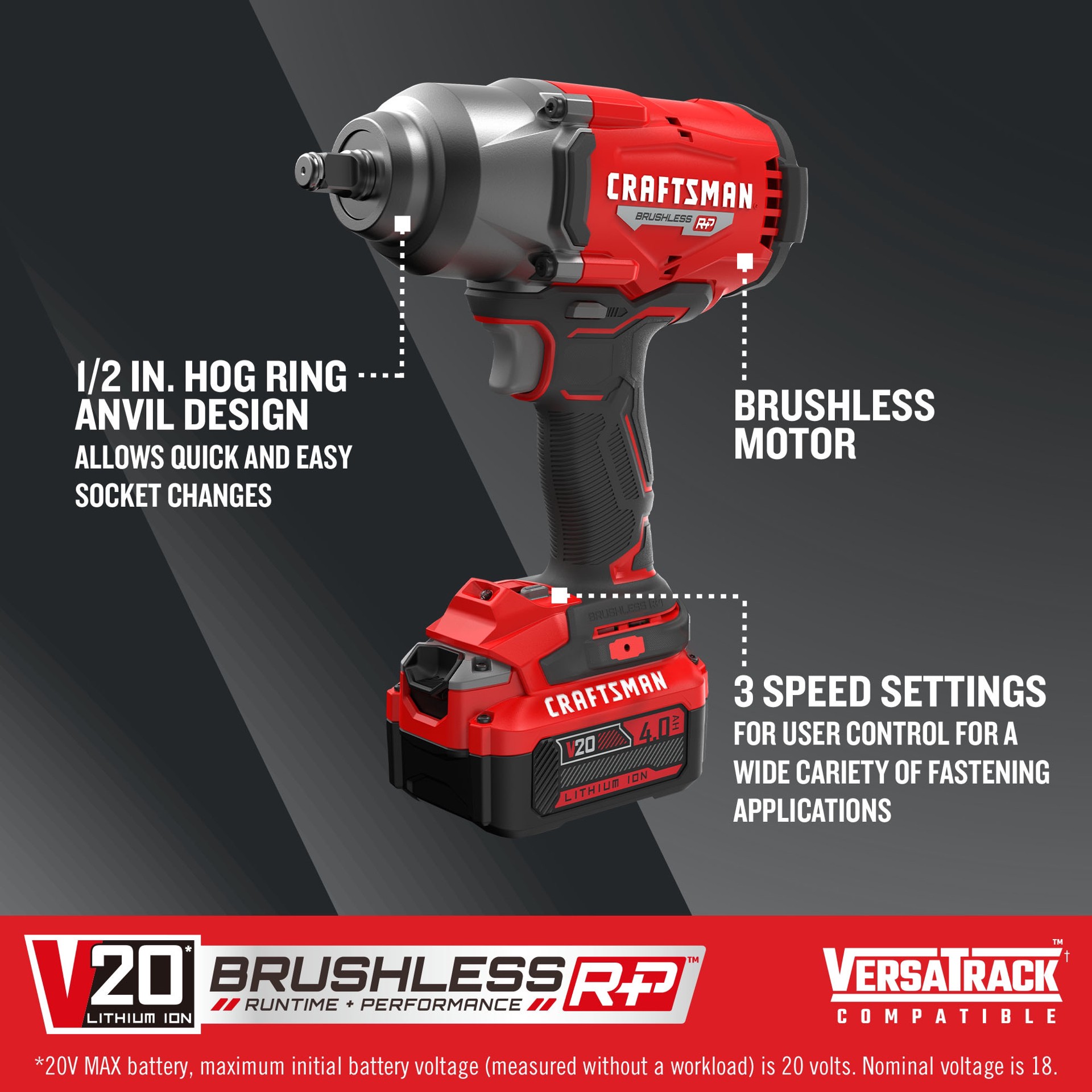 slide 4 of 6, CRAFTSMAN V20 RP 20-volt Max Variable Speed Brushless 1/2-in Drive Cordless Impact Wrench (Battery Included and Charger Included), 1 ct