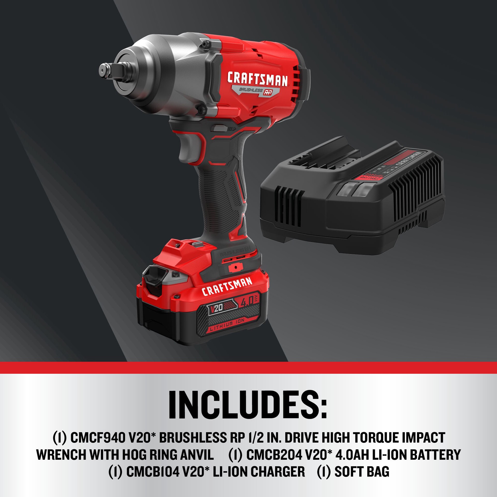 slide 2 of 6, CRAFTSMAN V20 RP 20-volt Max Variable Speed Brushless 1/2-in Drive Cordless Impact Wrench (Battery Included and Charger Included), 1 ct