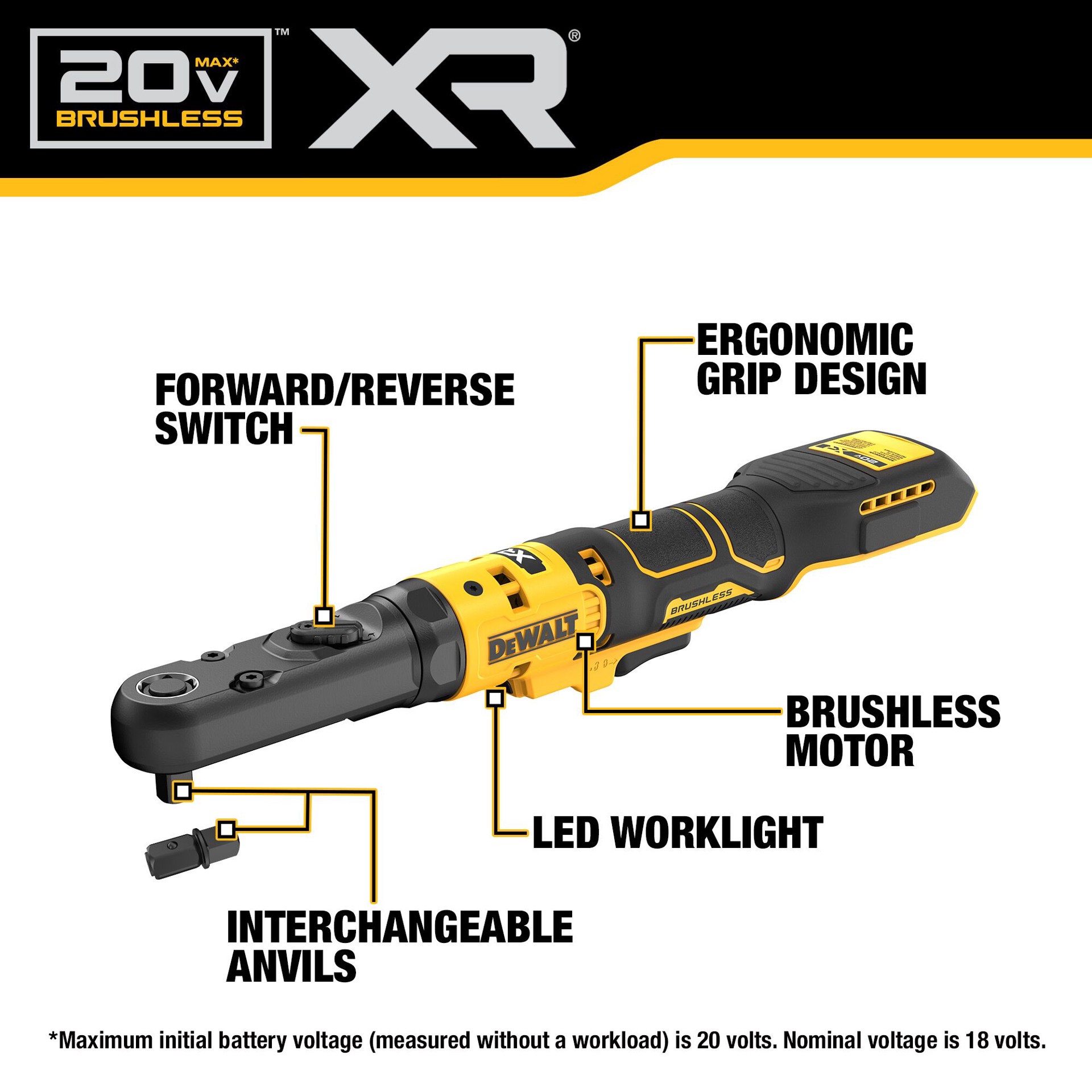 slide 2 of 6, DEWALT XR 20-volt Max Variable Speed Brushless 3/8-in1/2-in Drive Cordless Ratchet Wrench (Battery Not Included and Charger Not Included), 1 ct