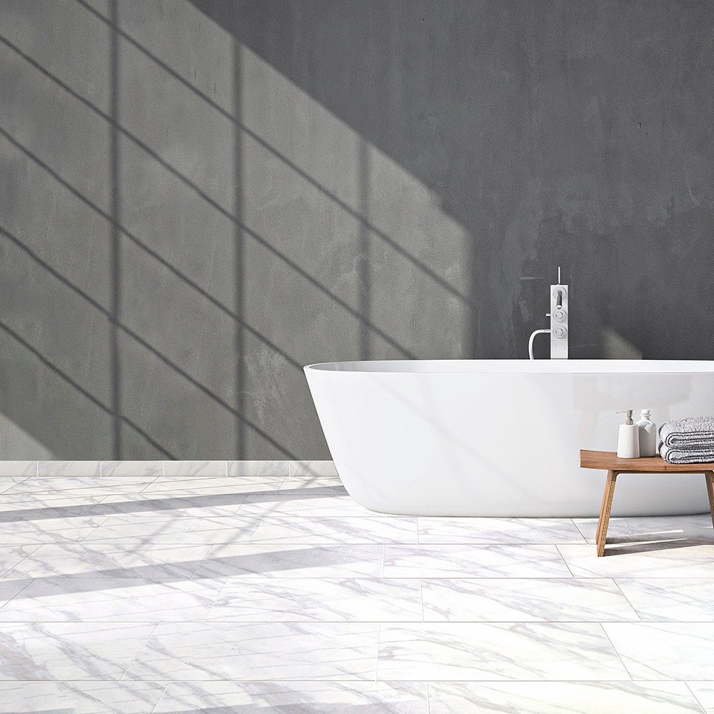 slide 5 of 6, Style Selections Bianco Carrara Bianco carrara 3-in x 12-in Glazed Ceramic Bullnose Tile ( 0.233-sq ft / Piece ), 1 ct