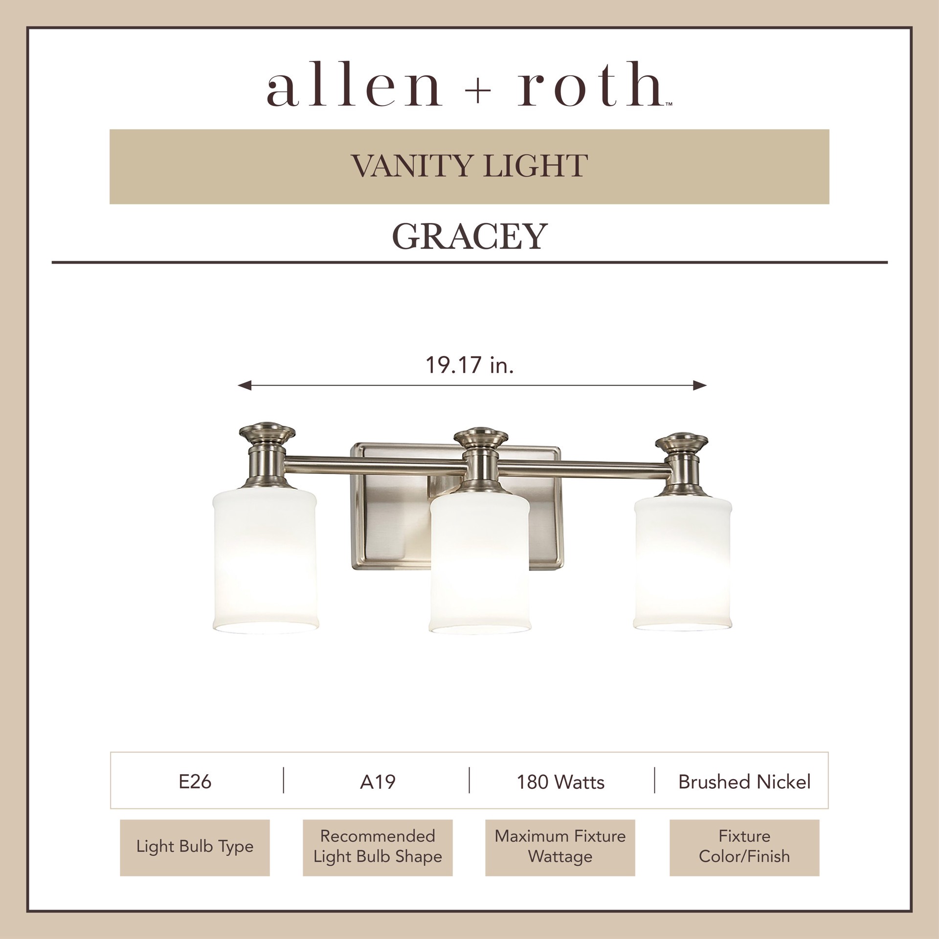 slide 4 of 6, allen + roth Gracey 19.17-in 3 -Light Brushed Nickel Modern/contemporary Vanity light, 1 ct