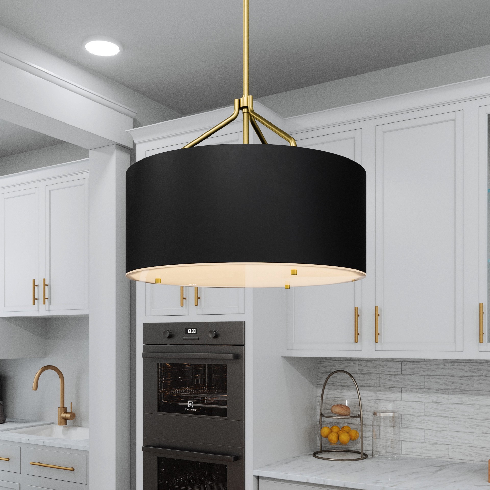 slide 1 of 6, Quoizel Covington 3 -Light Matte Black and Nouveau Gold Modern/contemporary Drum Medium Hanging Pendant light, 1 ct