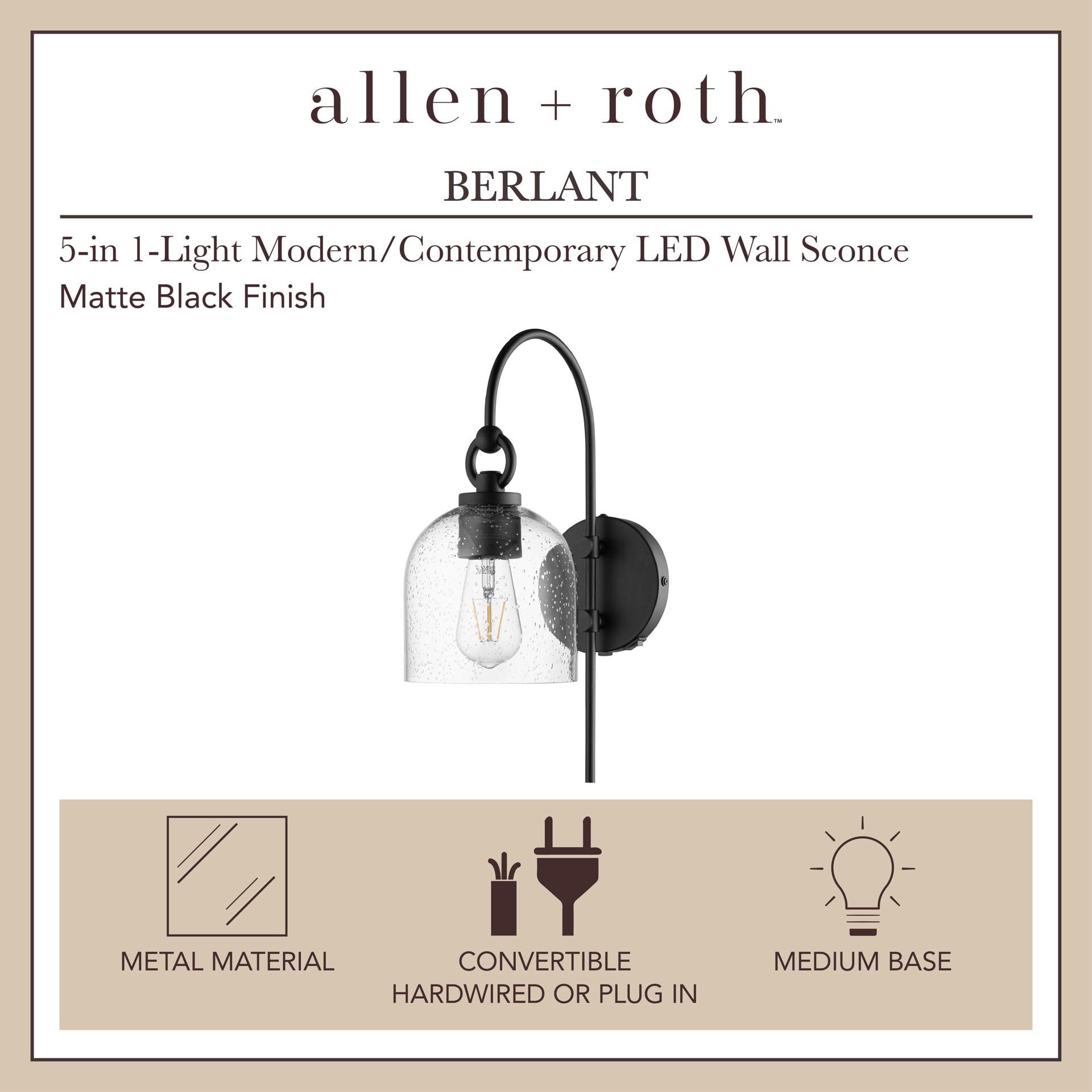 slide 2 of 6, allen + roth Berlant 5-in W 1 -Light Matte Black Vintage Wall Sconce, 1 ct