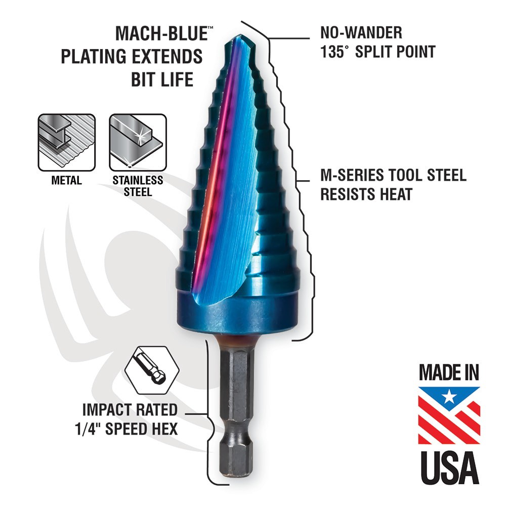 slide 3 of 6, Spyder Mach-Blue 1/4-in 9-Step Drill Bit (1/4-in to 3/4-in), 1 ct
