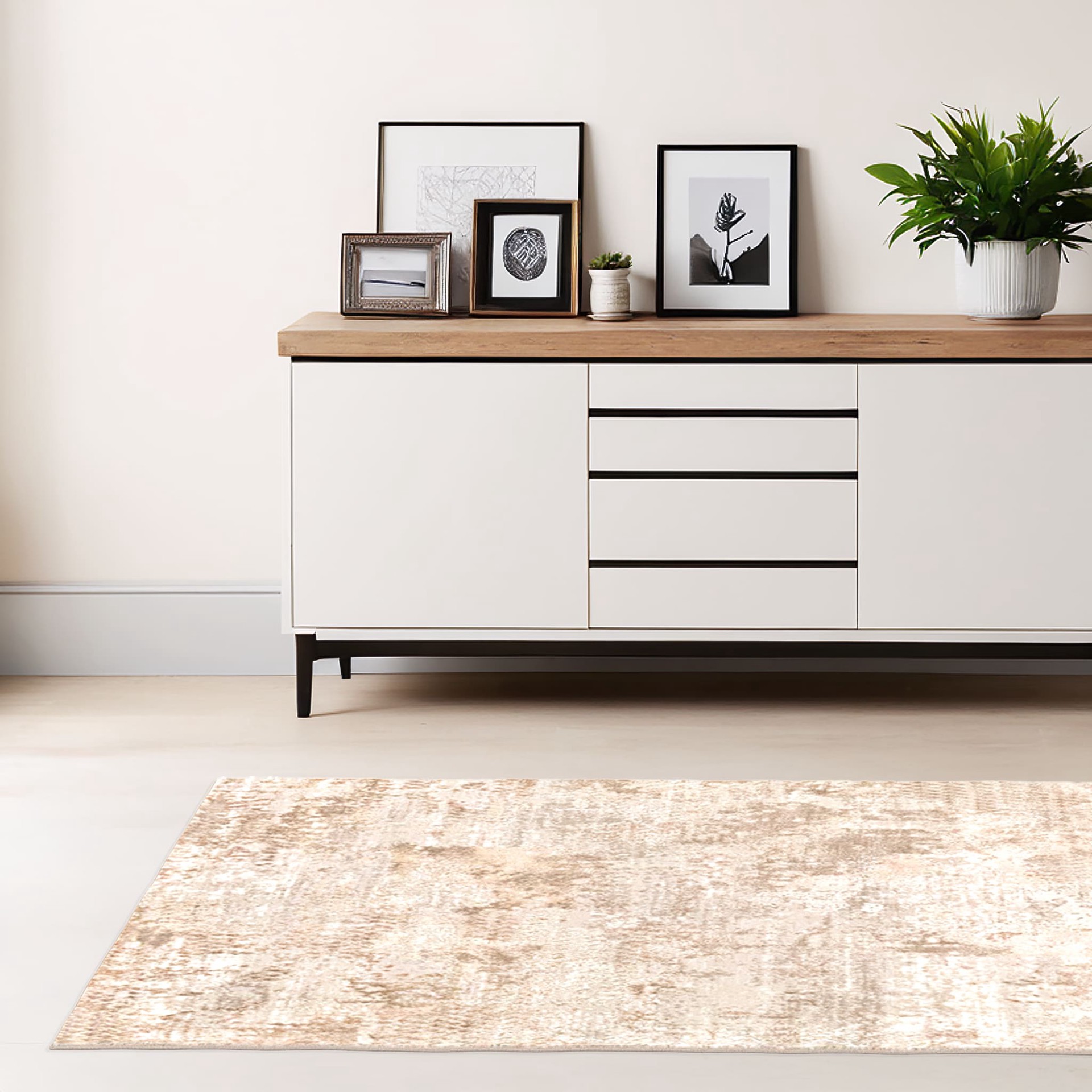 slide 3 of 6, Style Selections Glacial Ice 5 x 8 (ft) Loomed Polyester/Polypropylene Beige Rectangular Indoor Abstract Area rug, 1 ct