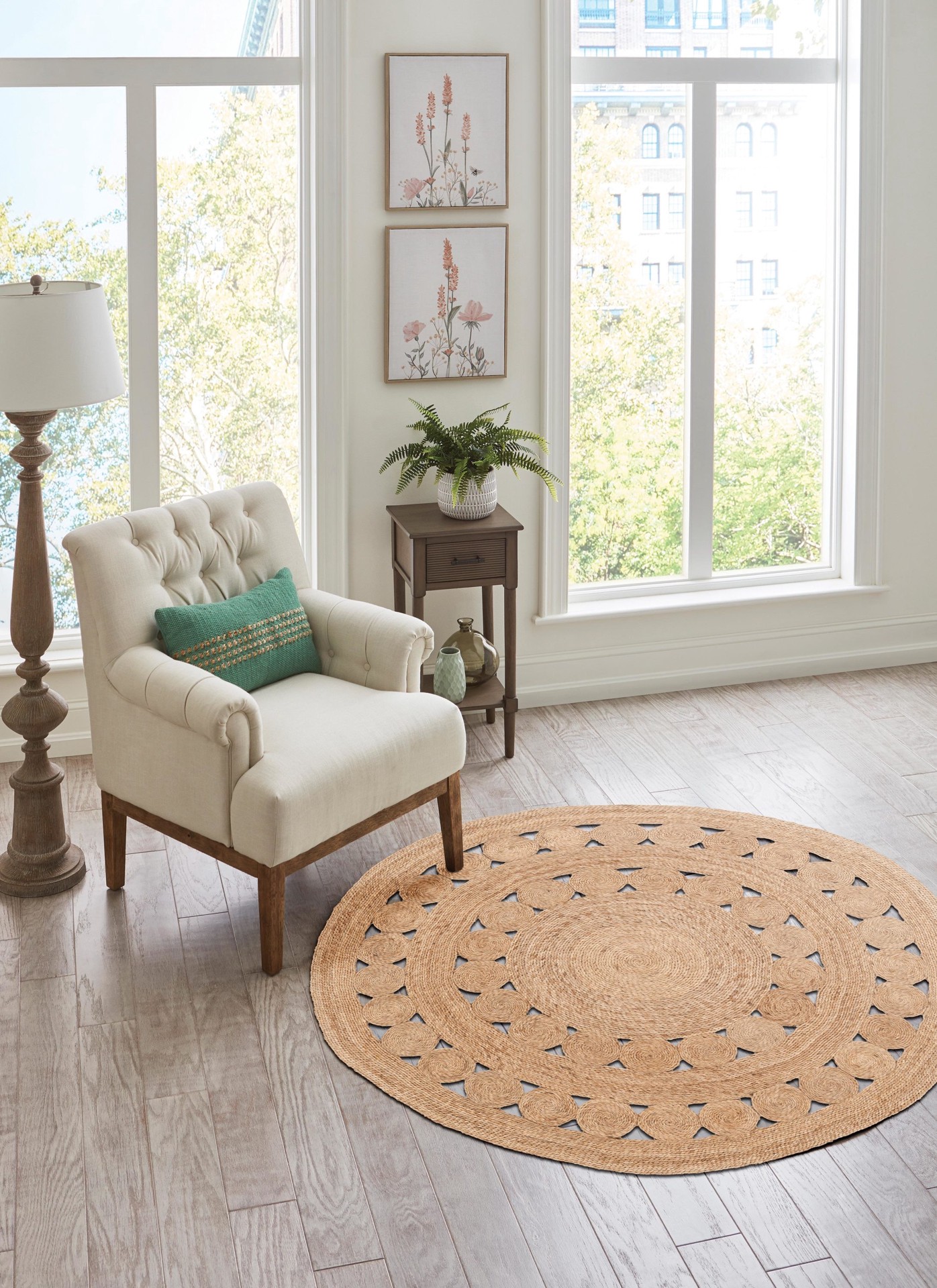 slide 1 of 6, allen + roth Handmade SeaGrass Round 5 x 5 (ft) Loomed Jute Khaki Round Indoor Solid Moroccan Pet Friendly Area rug, 1 ct