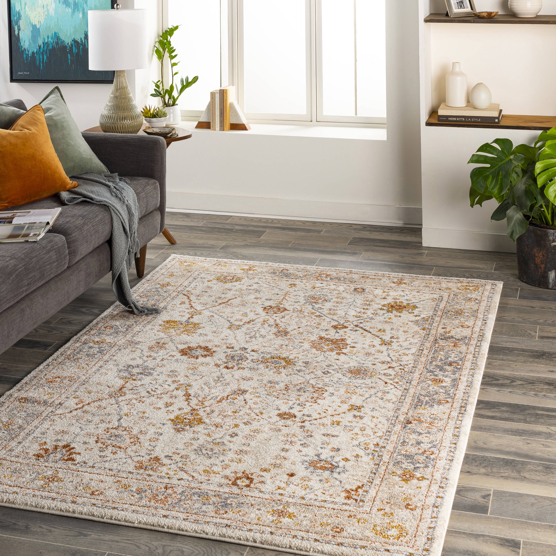 slide 1 of 6, allen + roth with STAINMASTER Camille Border 5 x 8 (ft) Loomed Beige Rectangular Indoor Floral/Botanical French Country Pet Friendly Area rug, 1 ct