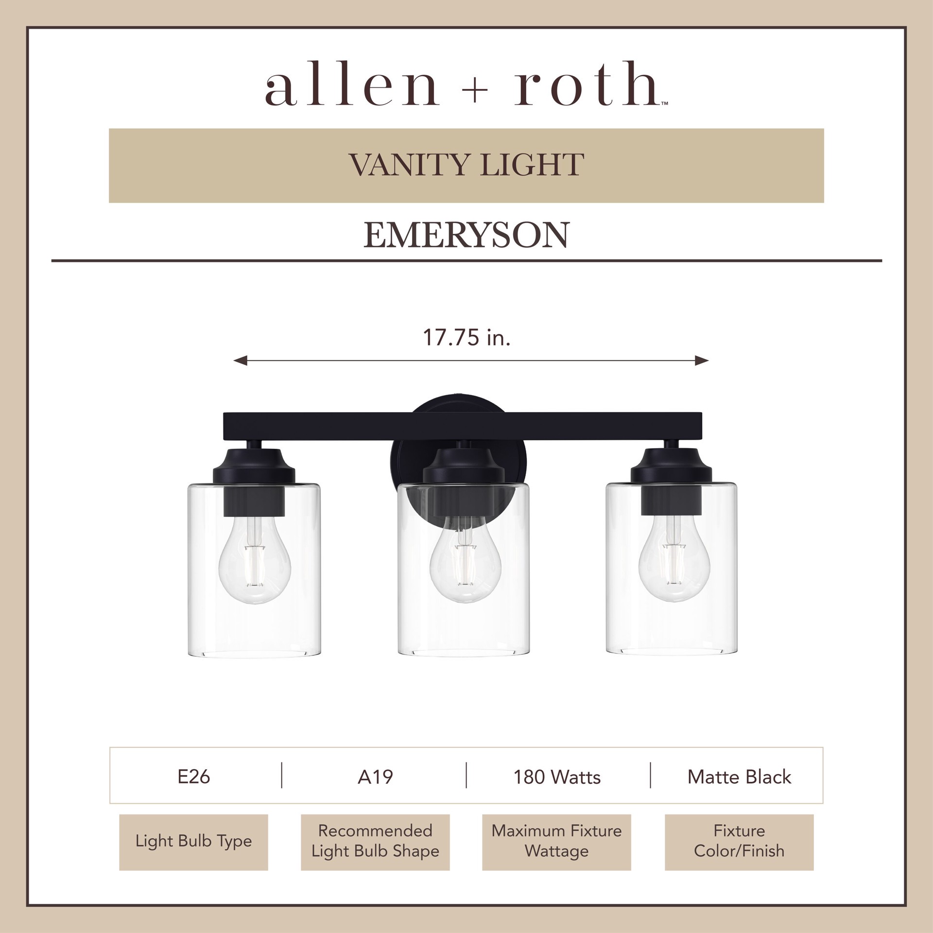 slide 3 of 6, allen + roth Emeryson 17.75-in 3 -Light Matte Black Transitional Vanity light, 1 ct