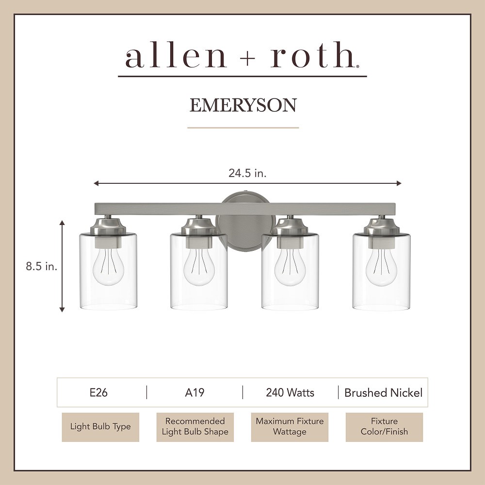 slide 2 of 6, allen + roth Emeryson 24.5-in 4 -Light Brushed Nickel Transitional Vanity light, 1 ct