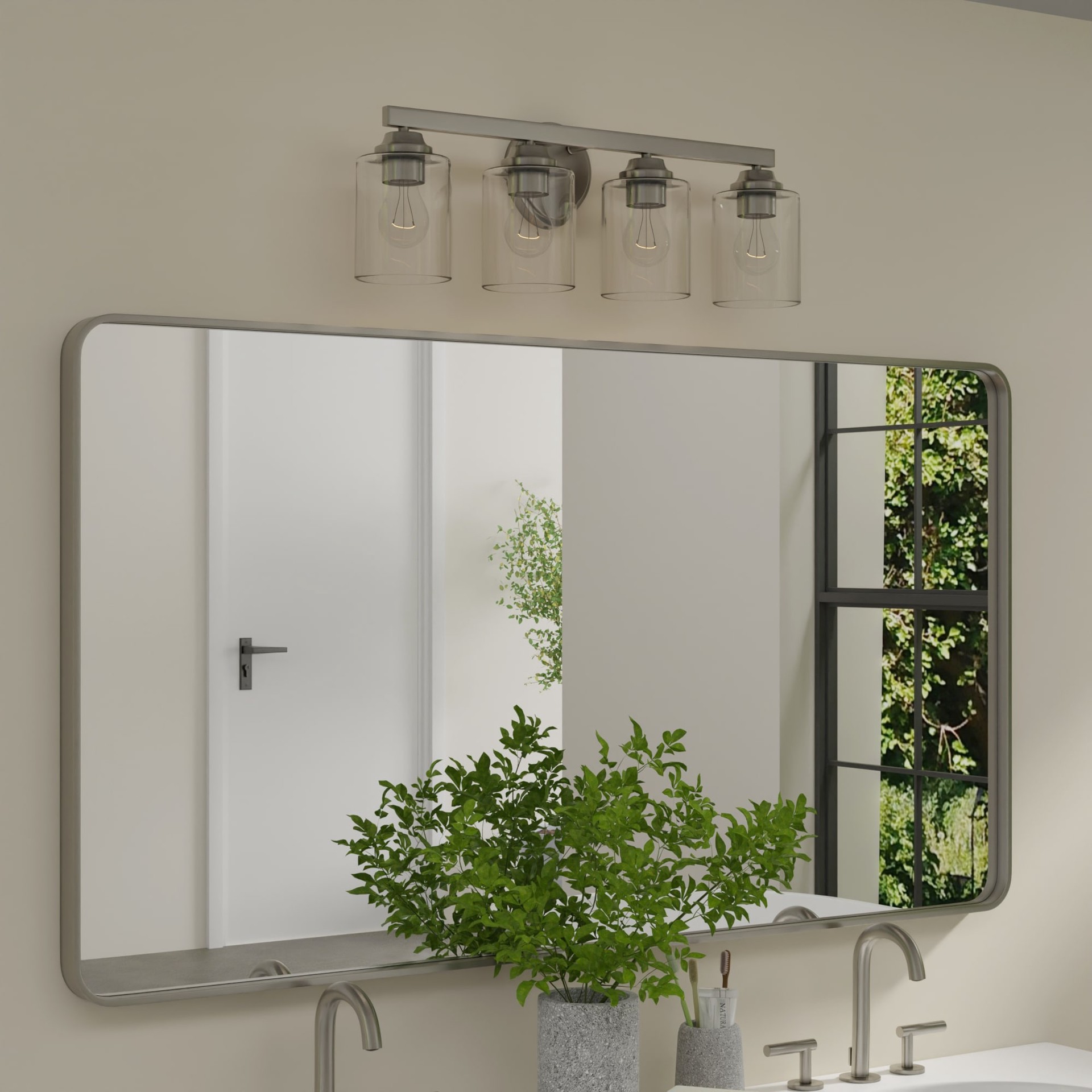 slide 6 of 6, allen + roth Emeryson 24.5-in 4 Light Brushed Nickel Transitional Bathroom Vanity light, 1 ct