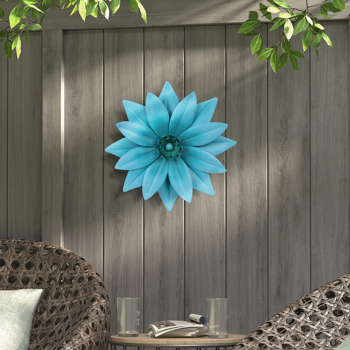 slide 2 of 6, Style Selections Flower Flower Blue 17.75-in H x 17.75-in W Garden Metal Hand-Painted 3D art, 1 ct