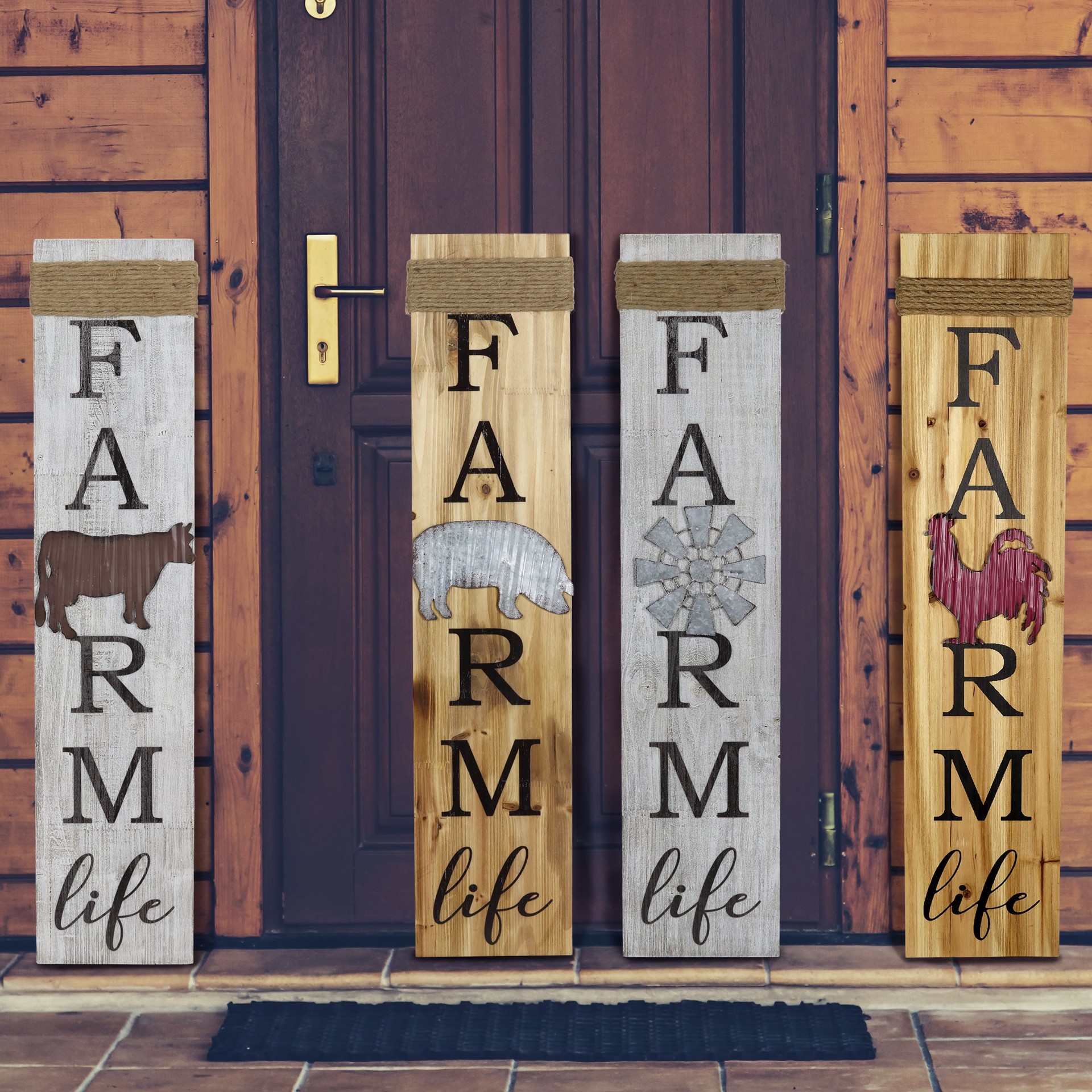 slide 4 of 6, Style Selections Farm Life Porch Greeter Style Selections Multiple colors/finishes 36.22-in H x 7.87-in W Country Wood Wall panel, 1 ct