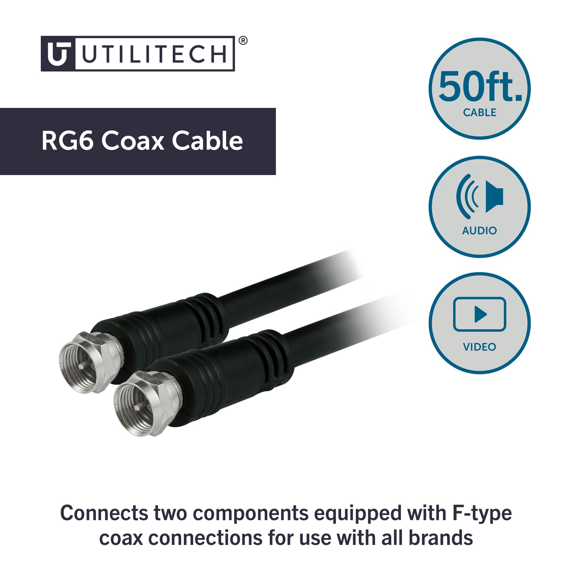 slide 2 of 6, Utilitech 50-ft RG6 Black Coaxial Cable, 1 ct