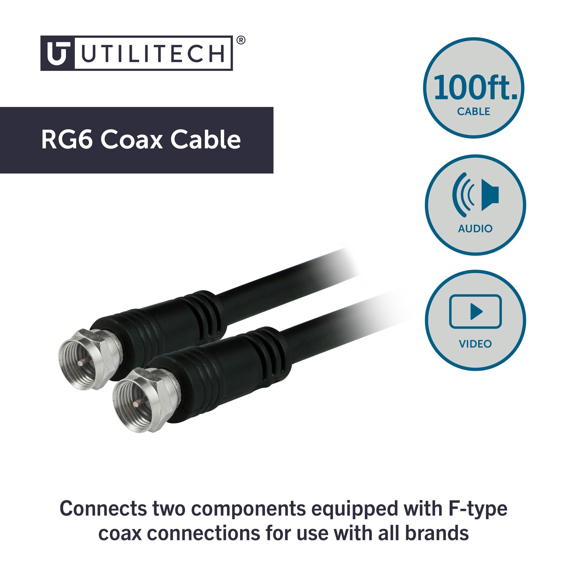 slide 2 of 6, Utilitech 100-ft RG6 Black Coaxial Cable, 1 ct