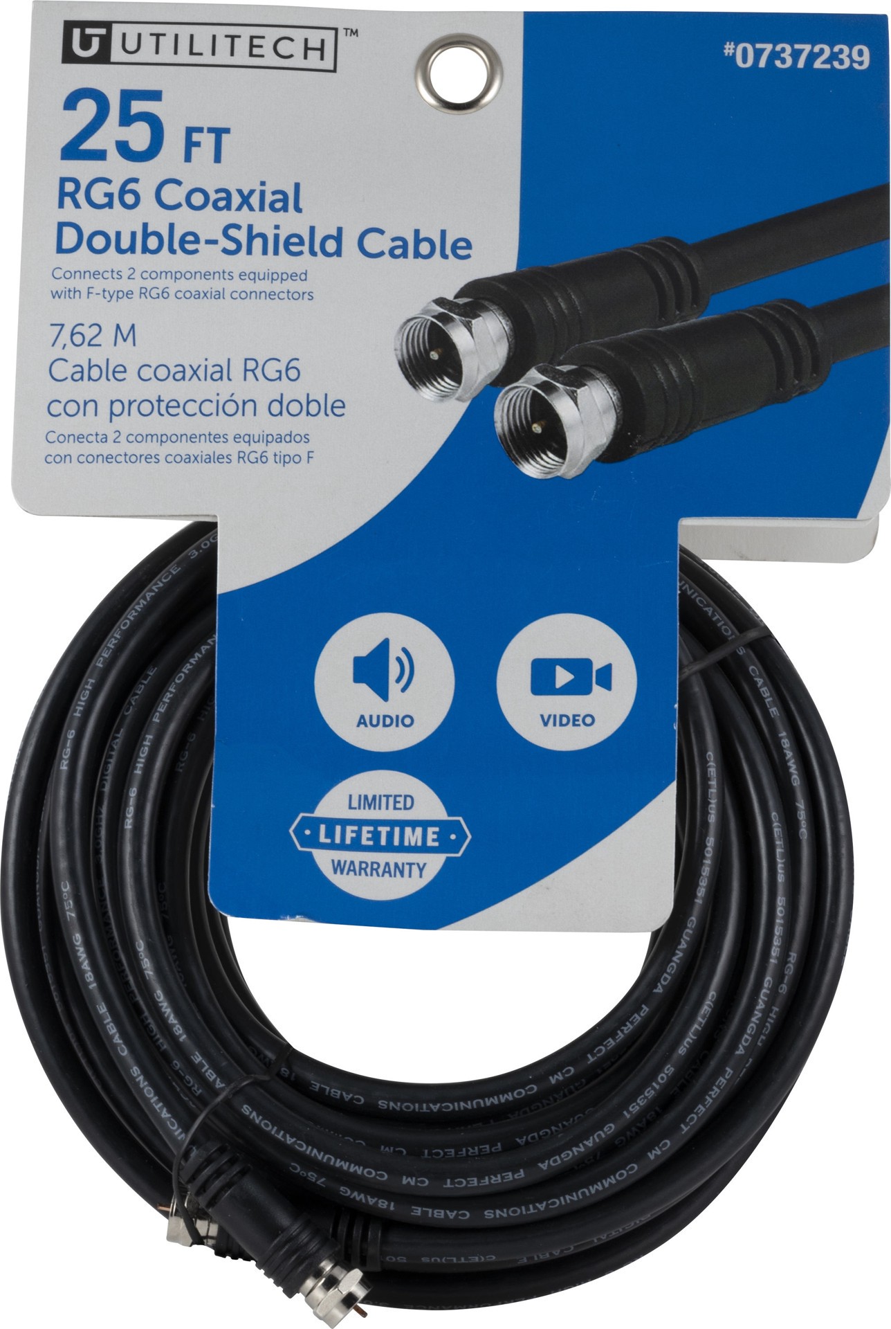 slide 6 of 6, Utilitech 25-ft RG6 Black Coaxial Cable, 1 ct