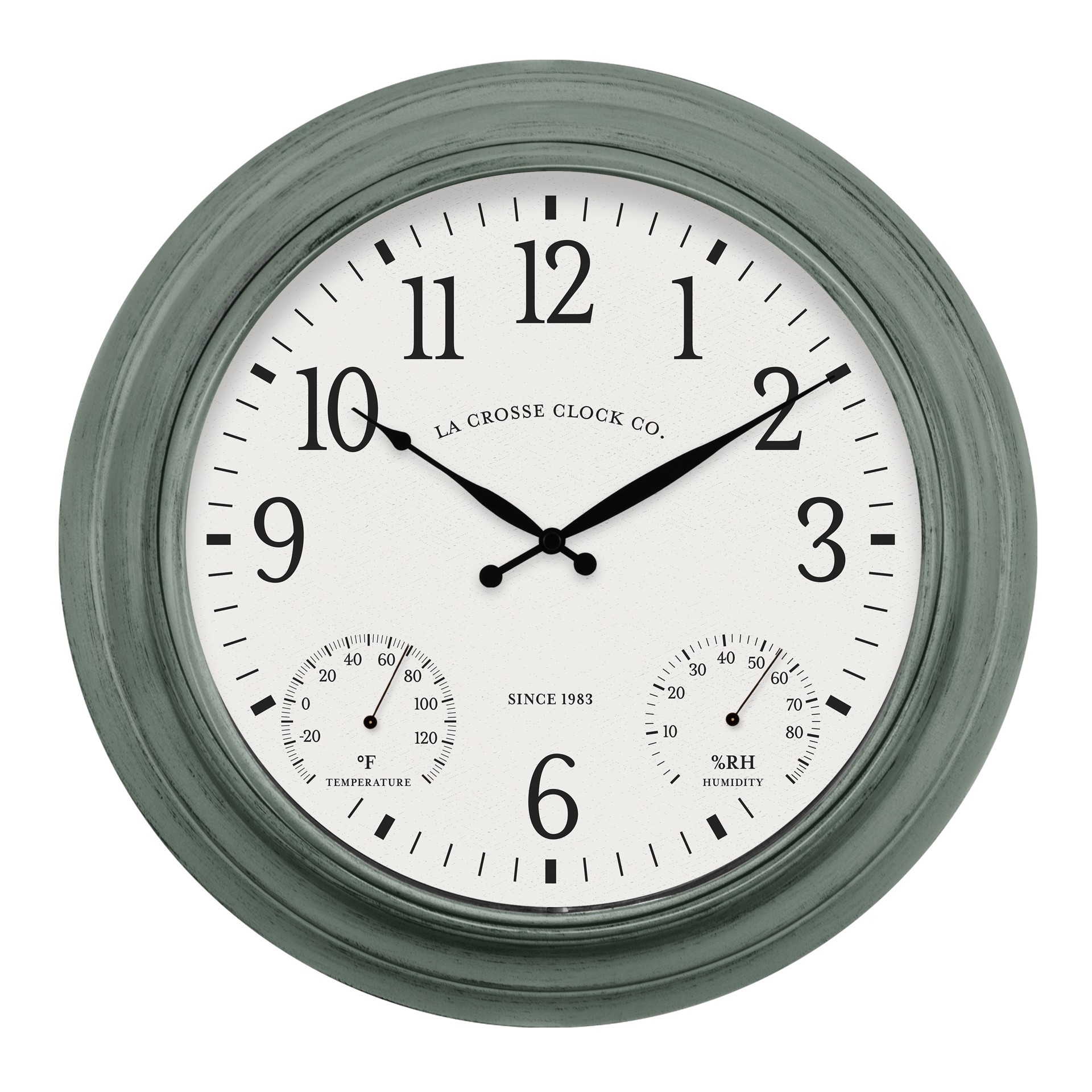 slide 1 of 1, La Crosse Technology Analog Indoor or outdoor Sage Thermometer with clock, 1 ct