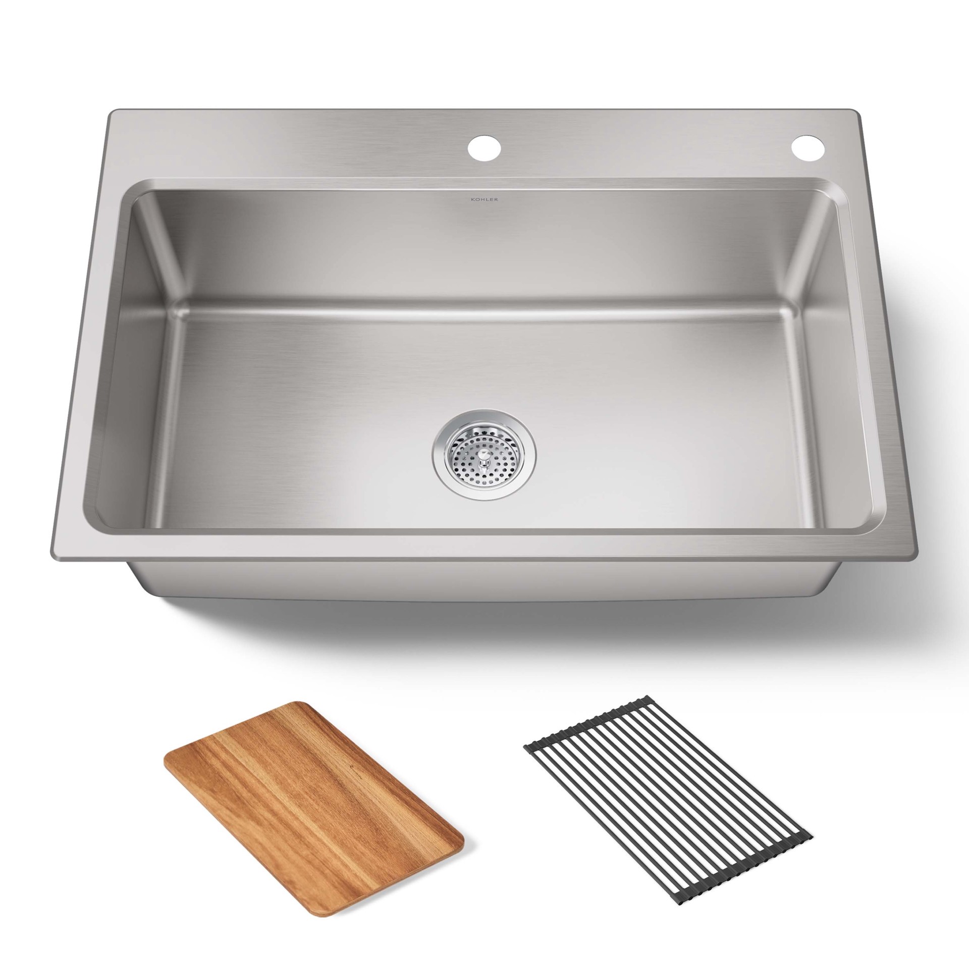 slide 3 of 6, KOHLER Prologue Drop-in or undermount 33-in x 22-in Stainless steel Single bowl 18 -Gauge Workstation Kitchen Sink with Drainboard, 1 ct