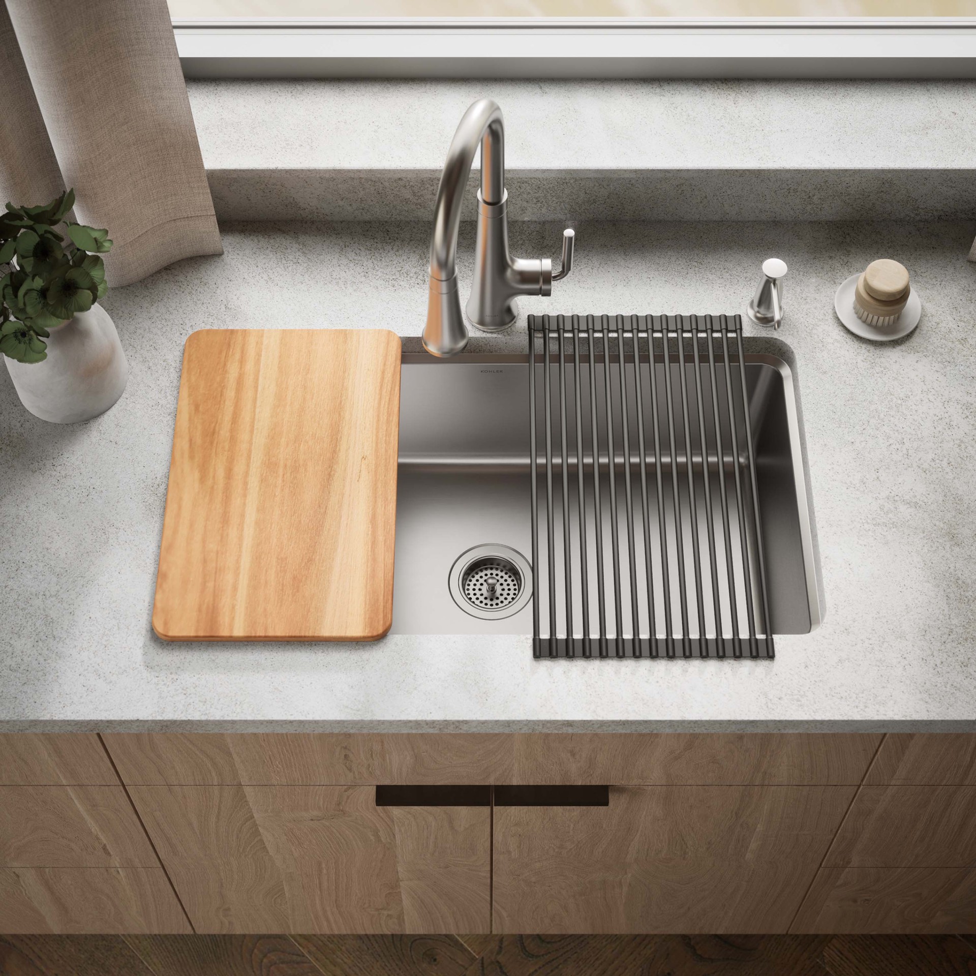slide 1 of 6, KOHLER Prologue Drop-in or undermount 33-in x 22-in Stainless steel Single bowl 18 -Gauge Workstation Kitchen Sink with Drainboard, 1 ct