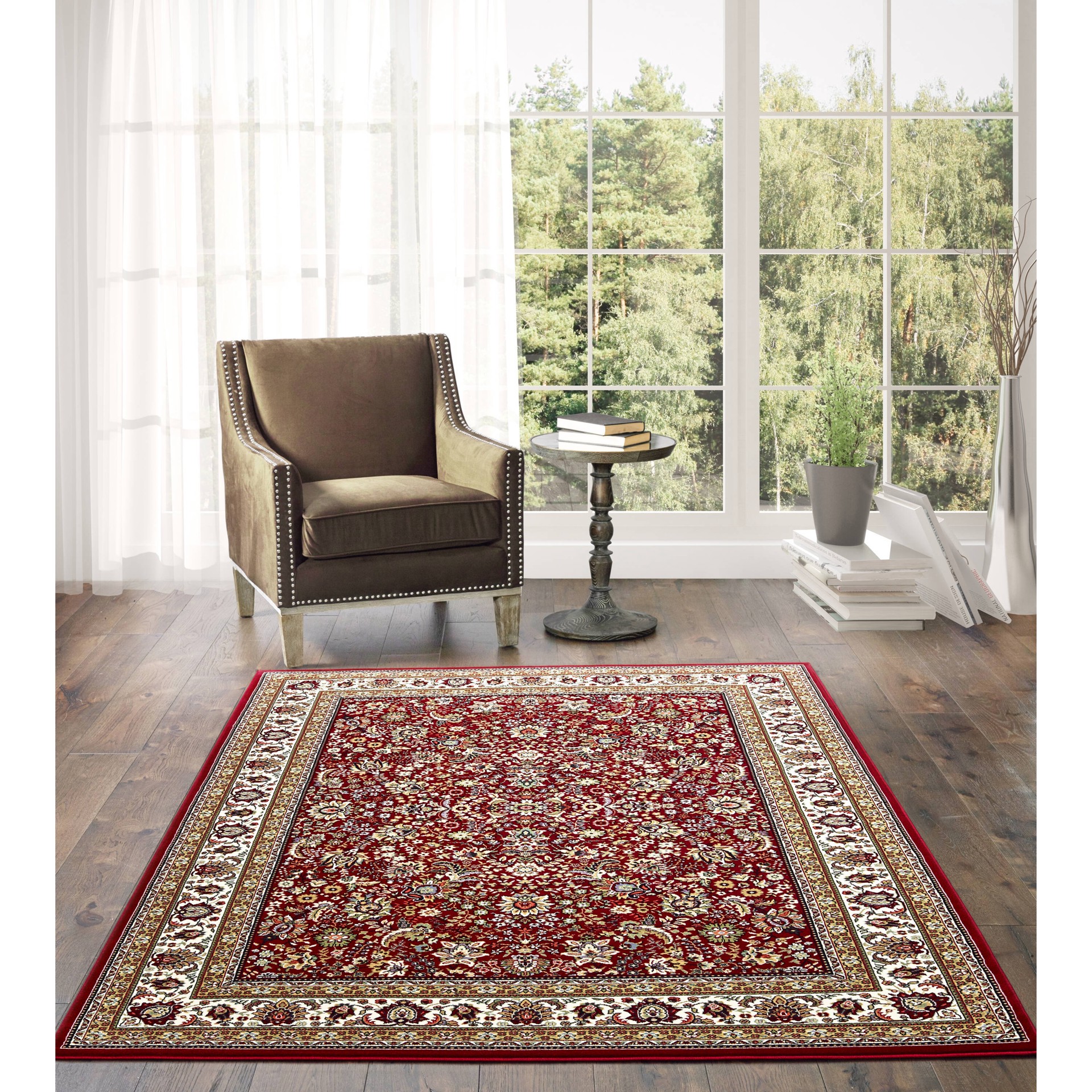 slide 1 of 6, allen + roth Koralin 5 x 8 (ft) Loomed Red Rectangular Indoor Floral/Botanical Oriental Pet Friendly Area rug, 1 ct