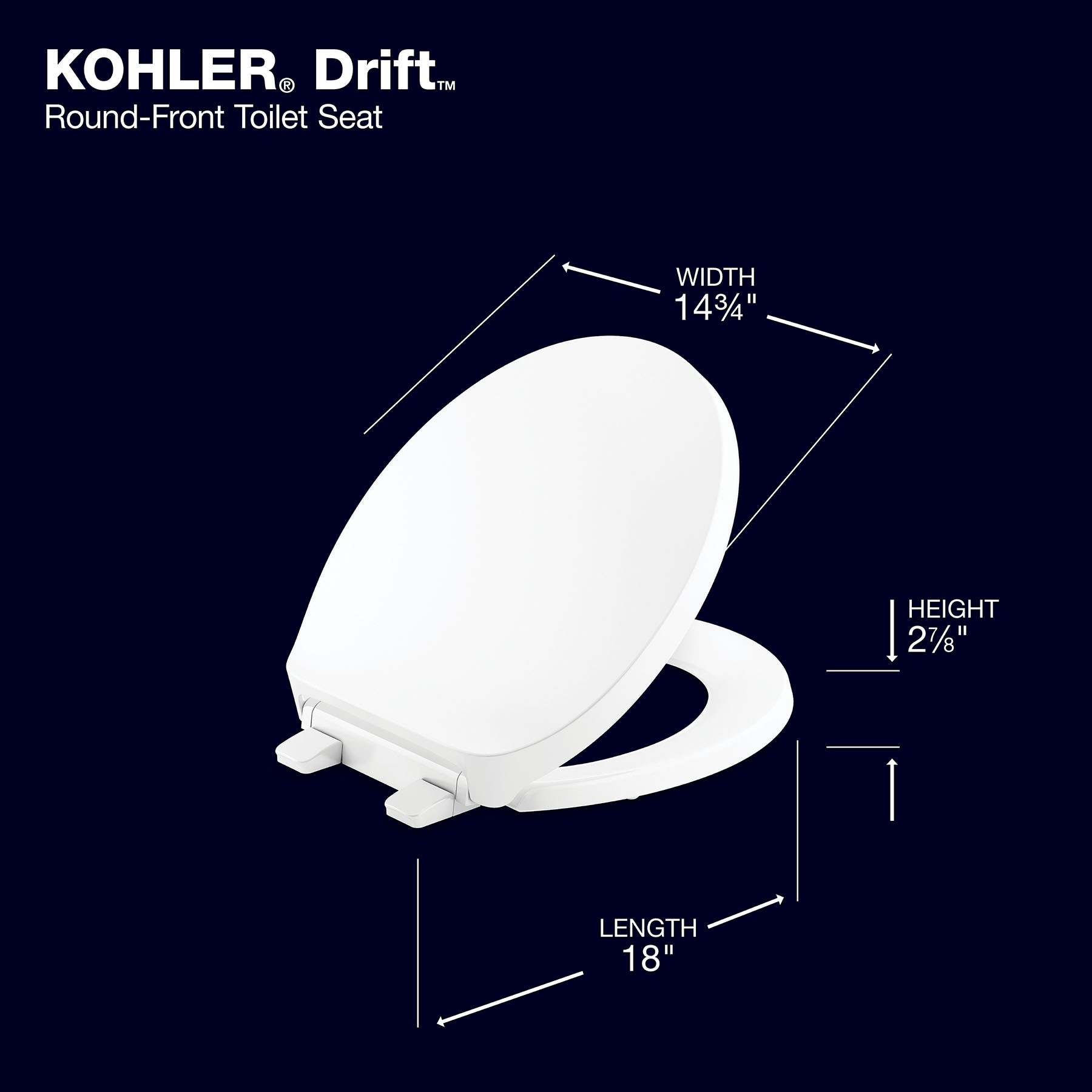 slide 6 of 6, KOHLER Drift Tab Plastic White Round Soft Close Toilet Seat, 1 ct