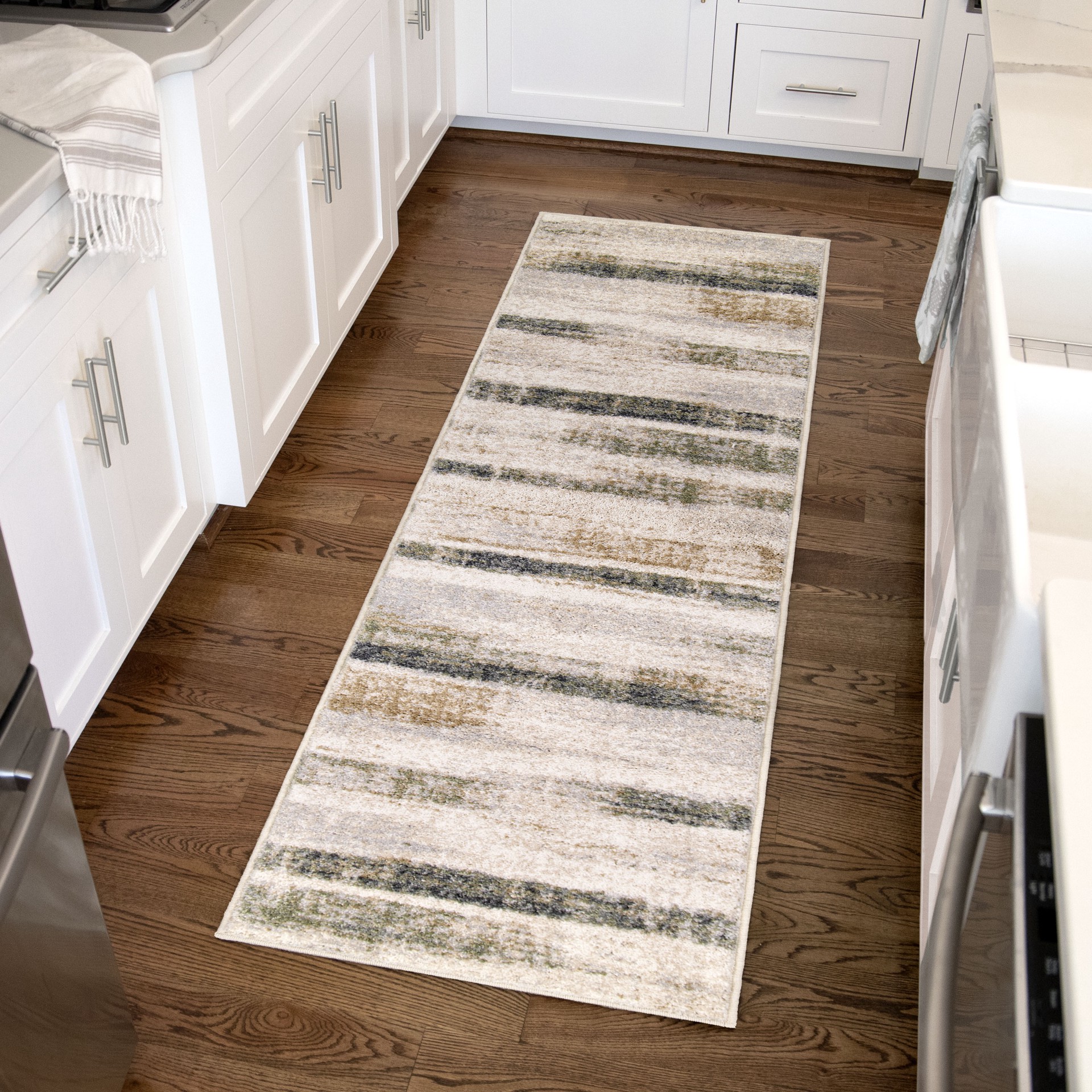 slide 1 of 6, allen + roth with STAINMASTER Multiscape Performance 2 x 8 (ft) Cream Rectangular Indoor Abstract Farmhouse/Cottage Pet Friendly Area rug, 1 ct