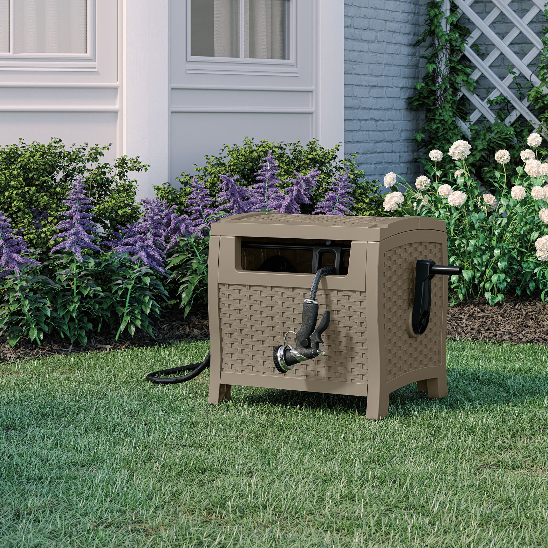 slide 4 of 6, Suncast Slide Trak Hideaway Plastic 175-ft Container Hose Reel, 1 ct
