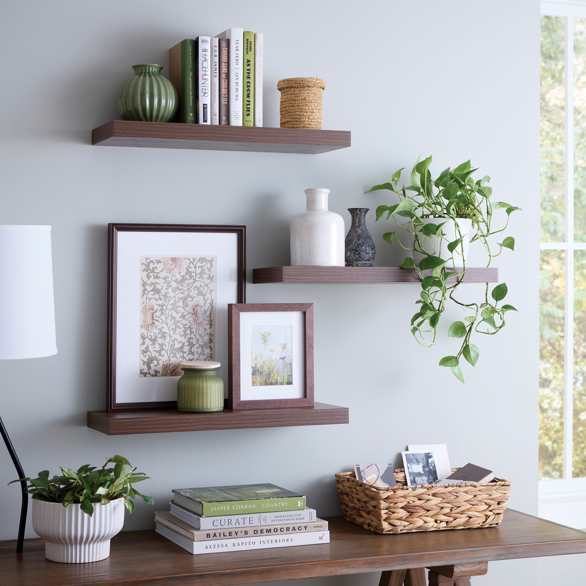 slide 5 of 6, allen + roth 7.8-in D x 23.6-in L Dark Oak MDF Rectangular Floating shelf, 1 ct