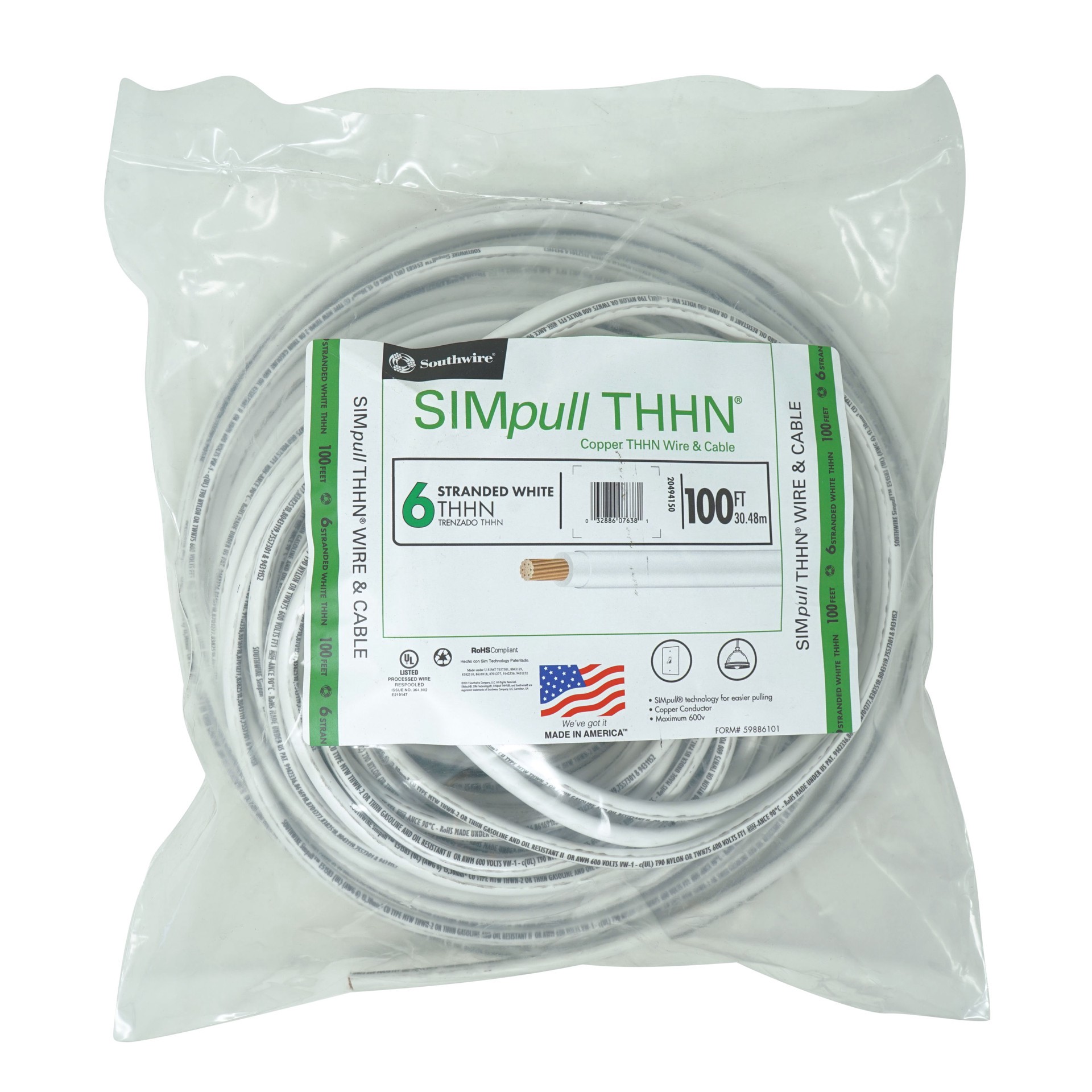 slide 1 of 2, Southwire 100-ft 6-AWG White Stranded Copper Thhn Wire (By-the-roll), 1 ct