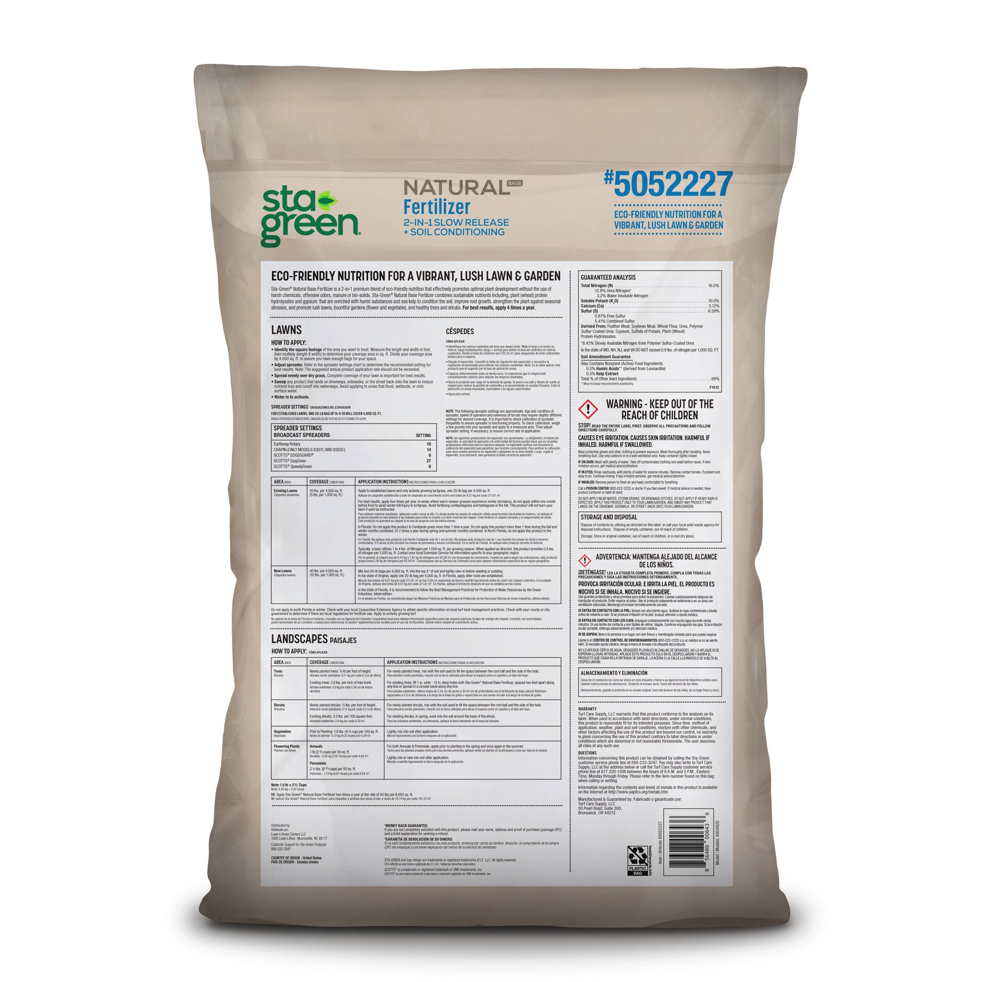 slide 2 of 6, Sta-Green Slow Release 20-lb 4000-sq ft 16-0-10 Natural All Purpose Fertilizer, 1 ct