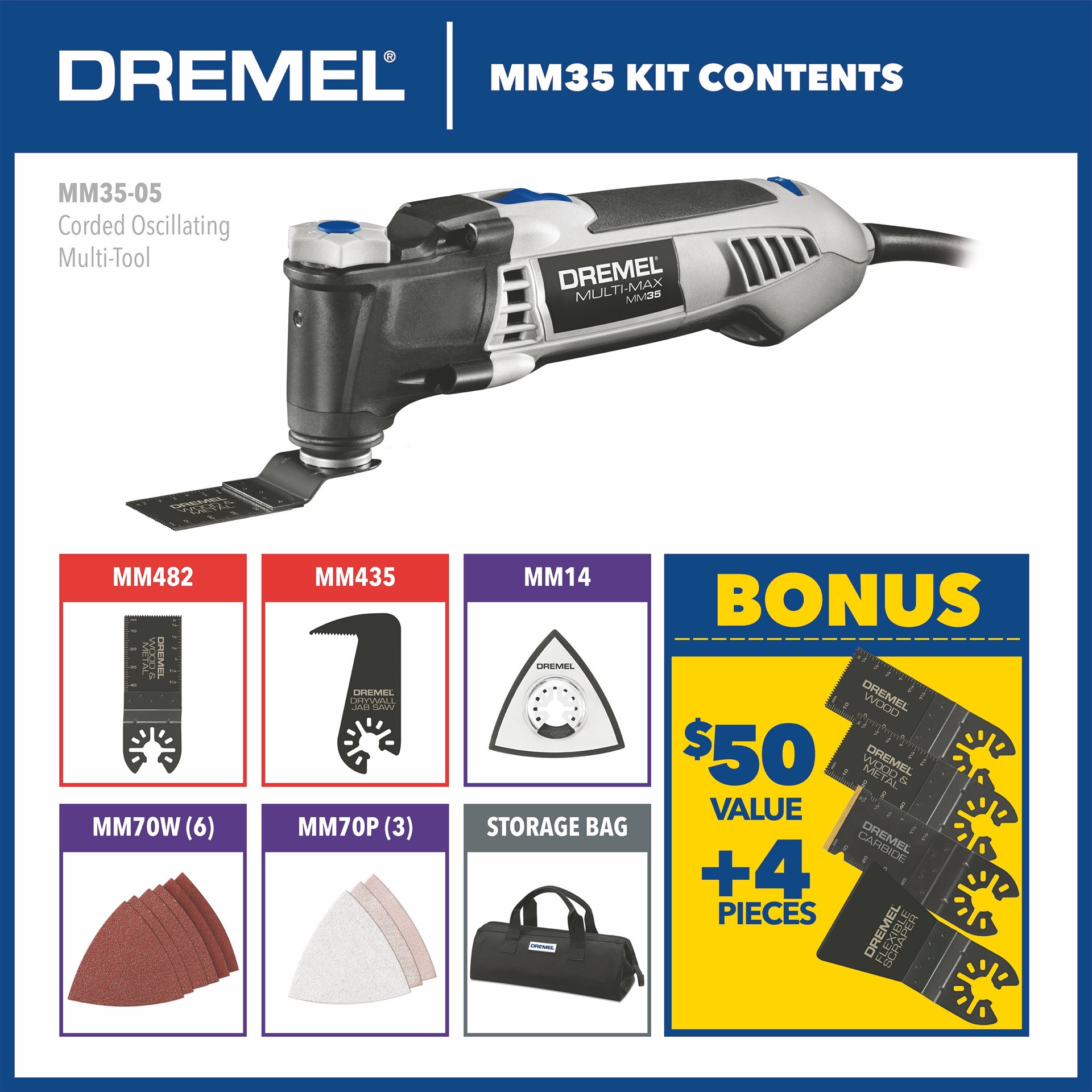 slide 6 of 6, Dremel Corded 3.5-Amp Variable Speed 17-Piece Oscillating Multi-Tool Kit with Soft Case, 1 ct