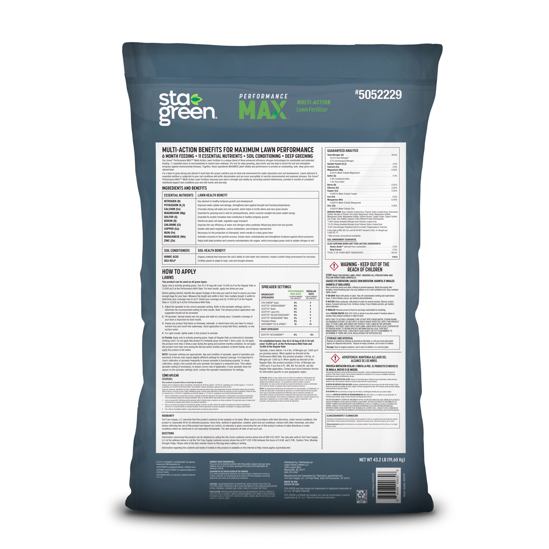 slide 2 of 6, Sta-Green Performance Max 43.2-lb 14400-sq ft 30-0-3 All Purpose Lawn Fertilizer, 1 ct