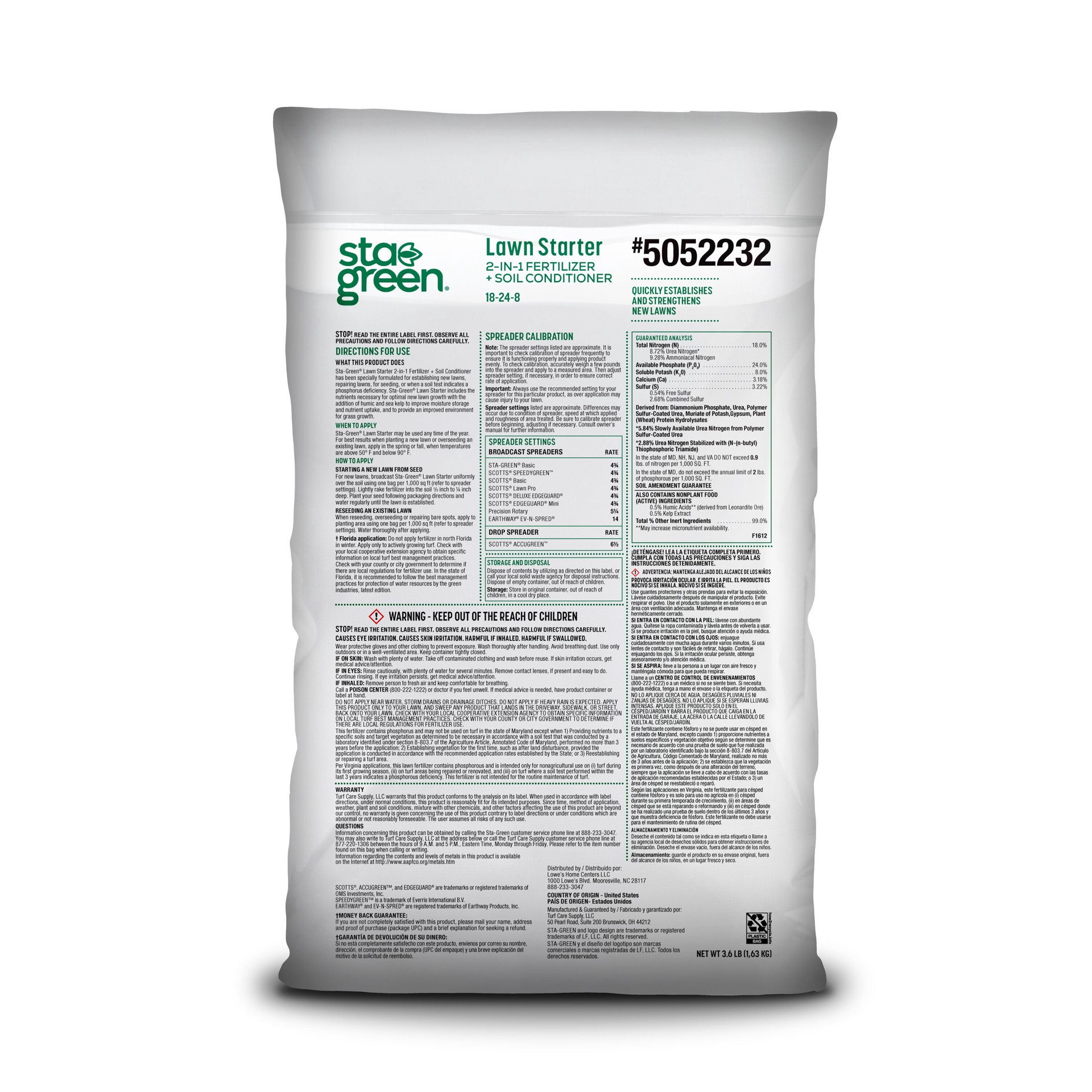 slide 2 of 6, Sta-Green Fertilizer plus Soil Conditioner 3.6-lb 1000-sq ft 18-24-8 Lawn Starter Fertilizer, 1 ct