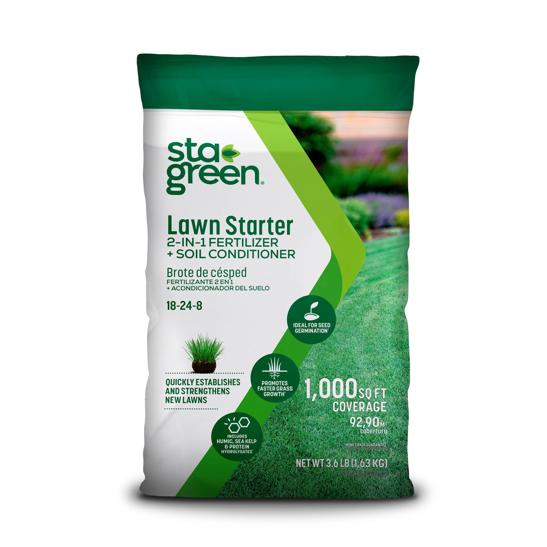 slide 1 of 6, Sta-Green Fertilizer plus Soil Conditioner 3.6-lb 1000-sq ft 18-24-8 Lawn Starter Fertilizer, 1 ct