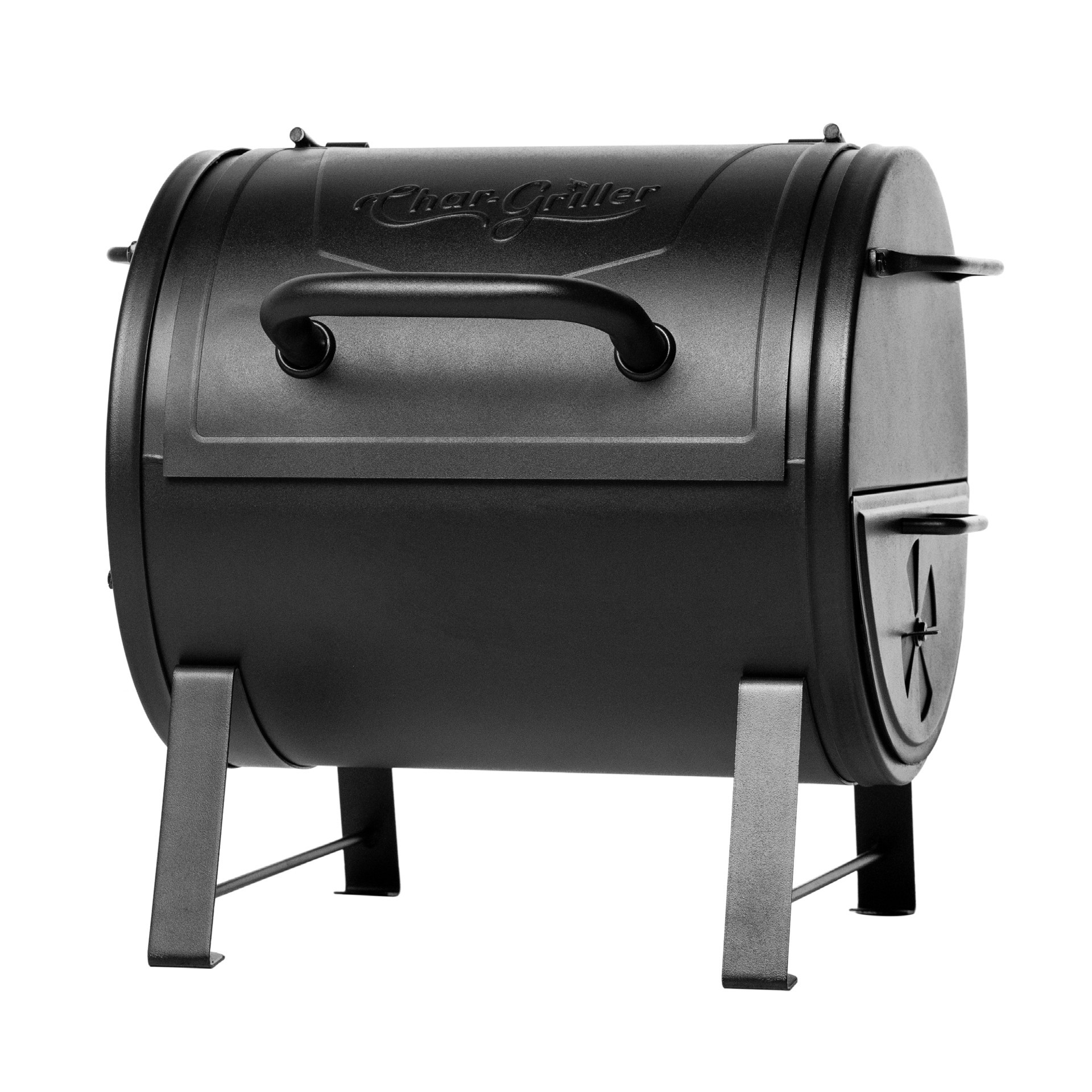 slide 3 of 6, Char-Griller Portable Charcoal Grill and Side Fire Box 17-in W Black Barrel Charcoal Grill, 1 ct